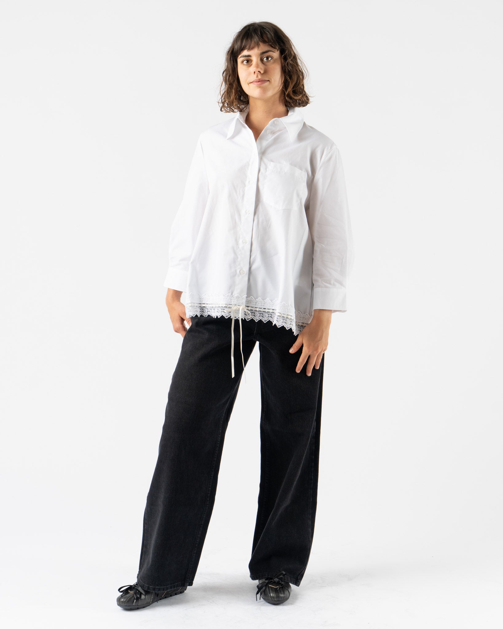 Simone Rocha Cropped Ribbon Trim Masculine Shirt in White