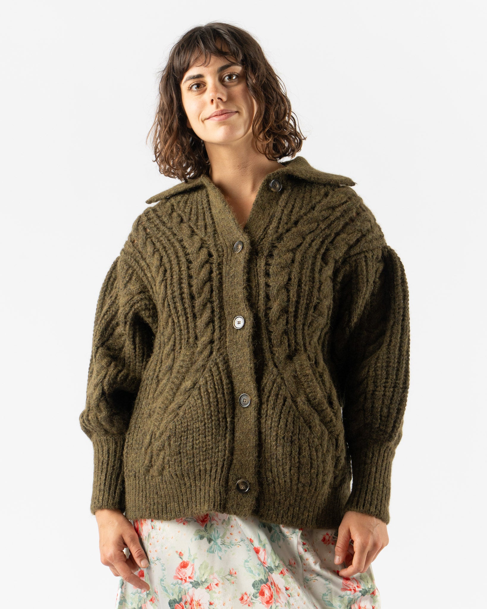 Simone Rocha Sculpted Collared Chunky Knit Cardigan in Olive
