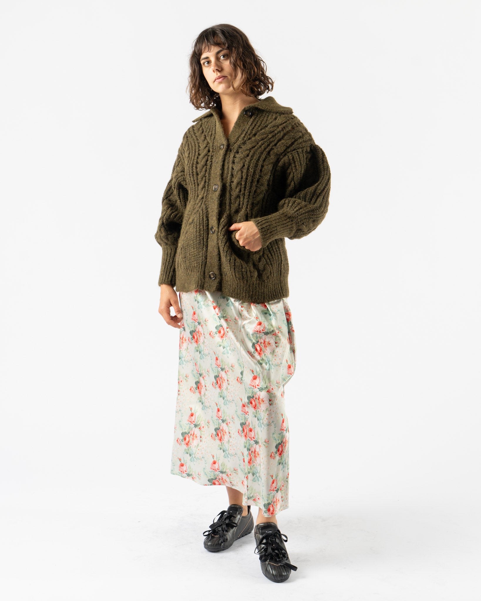 Simone Rocha Sculpted Collared Chunky Knit Cardigan in Olive