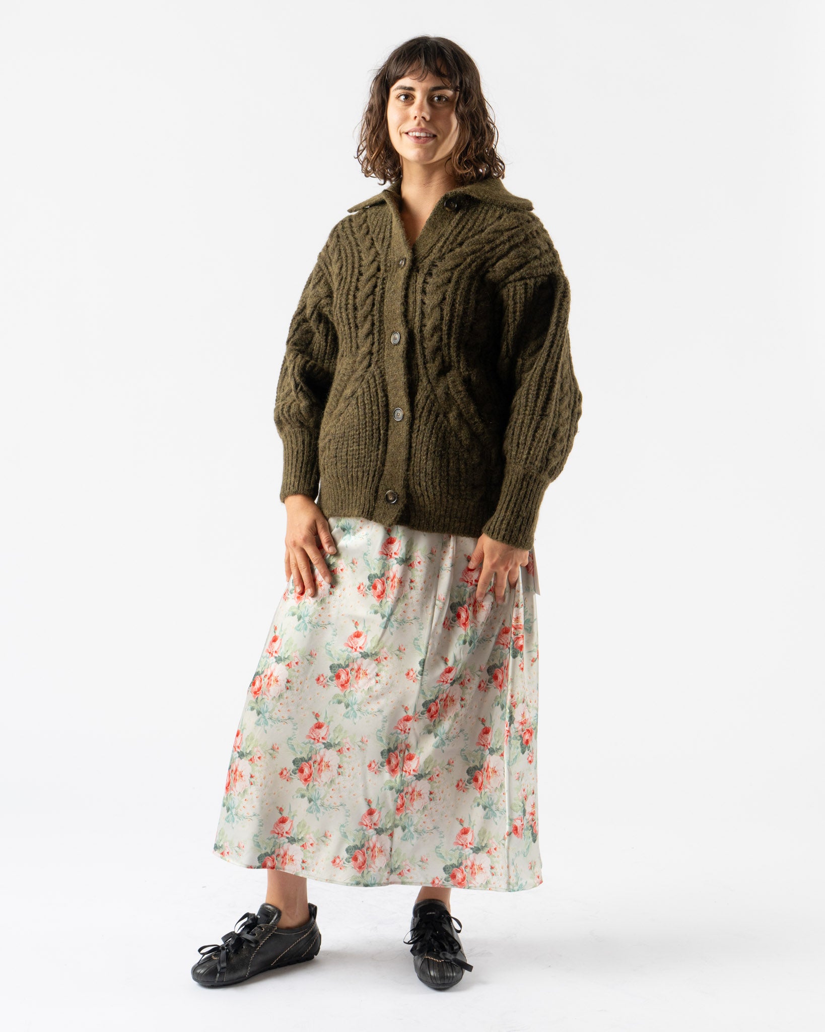 Simone Rocha Sculpted Collared Chunky Knit Cardigan in Olive