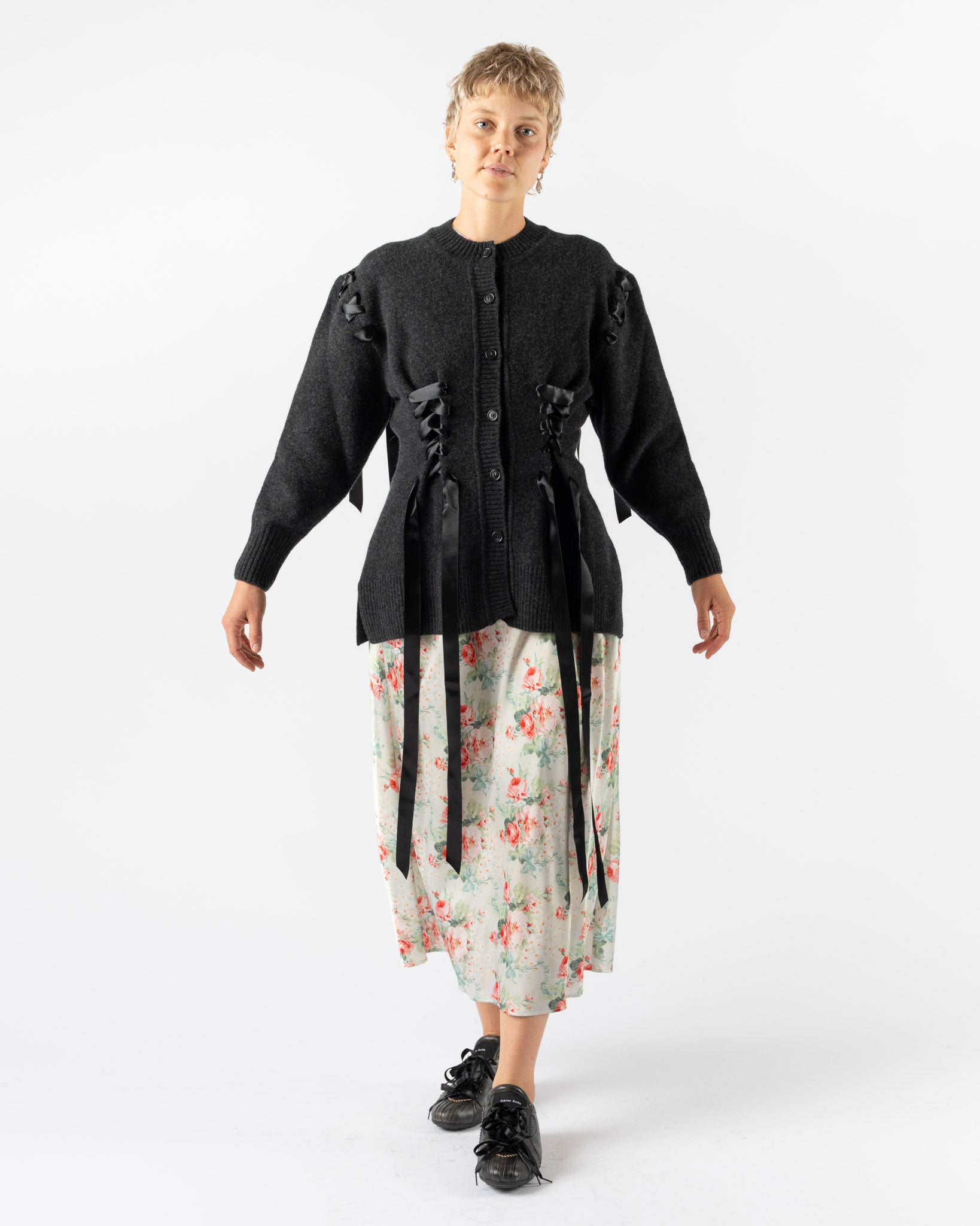 Simone Rocha Sculpted Ribbon Corset Detail Cardigan in Charcoal