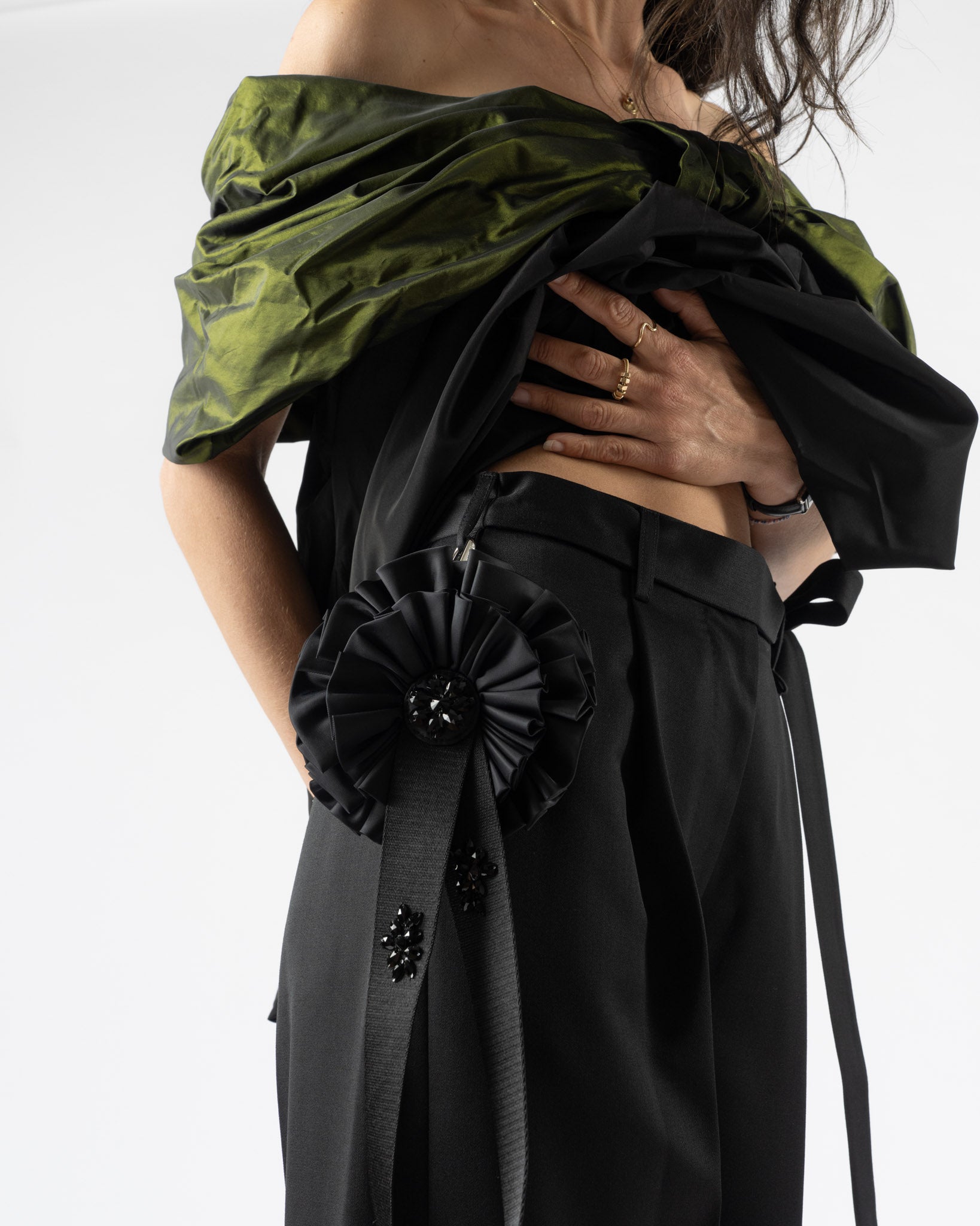 Simone Rocha Gathered Bow Top in Black/Moss