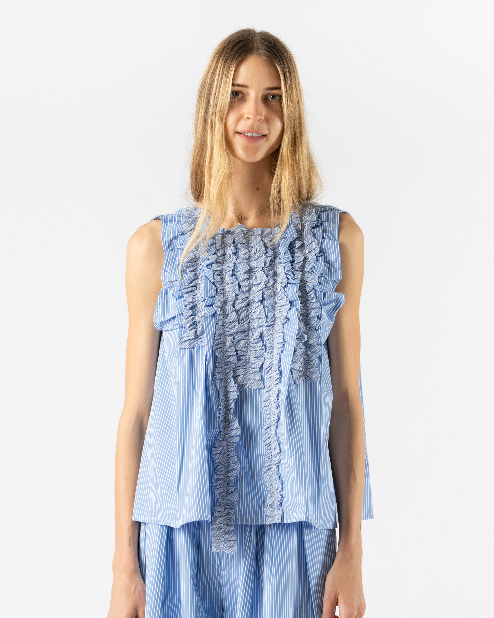 Rhodolirion Sleeveless Frill Shirt in Sax Stripe
