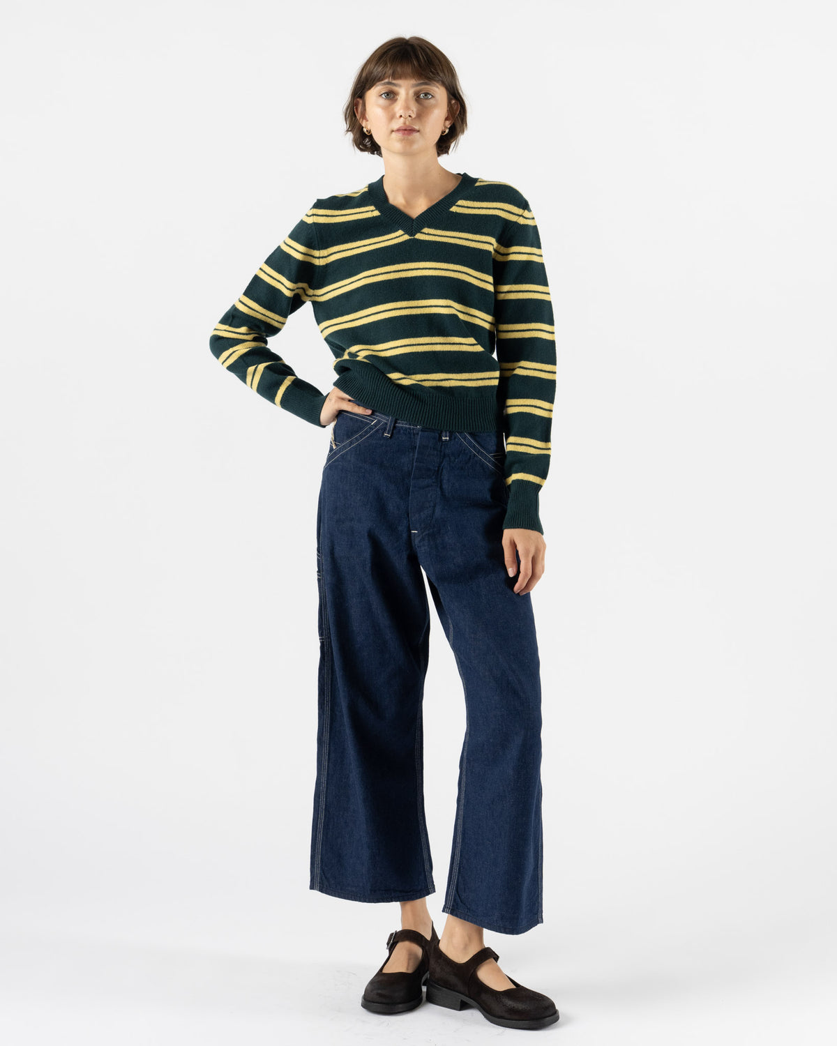 &Daughter Sligo Shrunken V-Neck in Stripe Holly with Yellow
