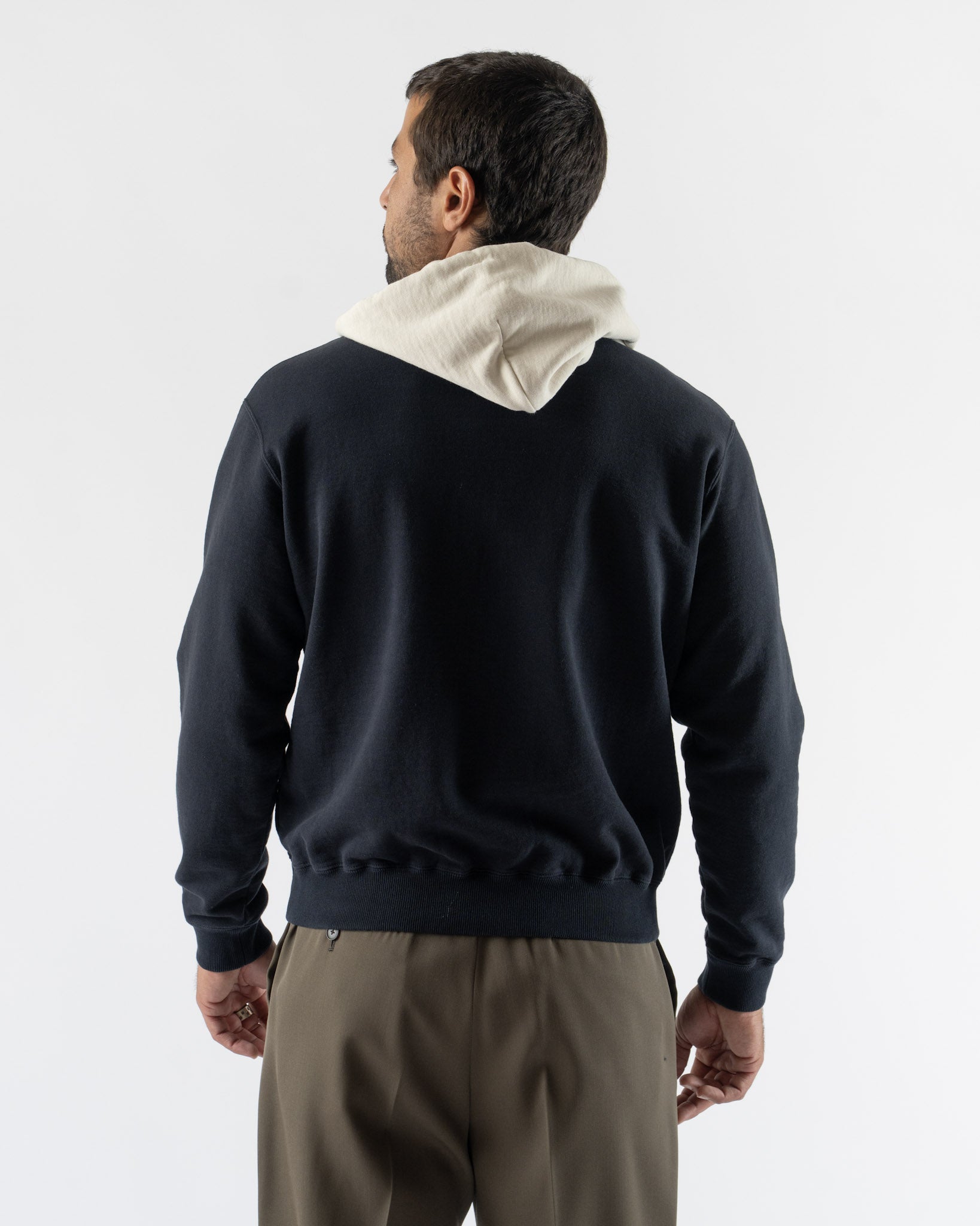 Auralee Smooth Soft BD Sweat P/O Parka in Dark Navy x White