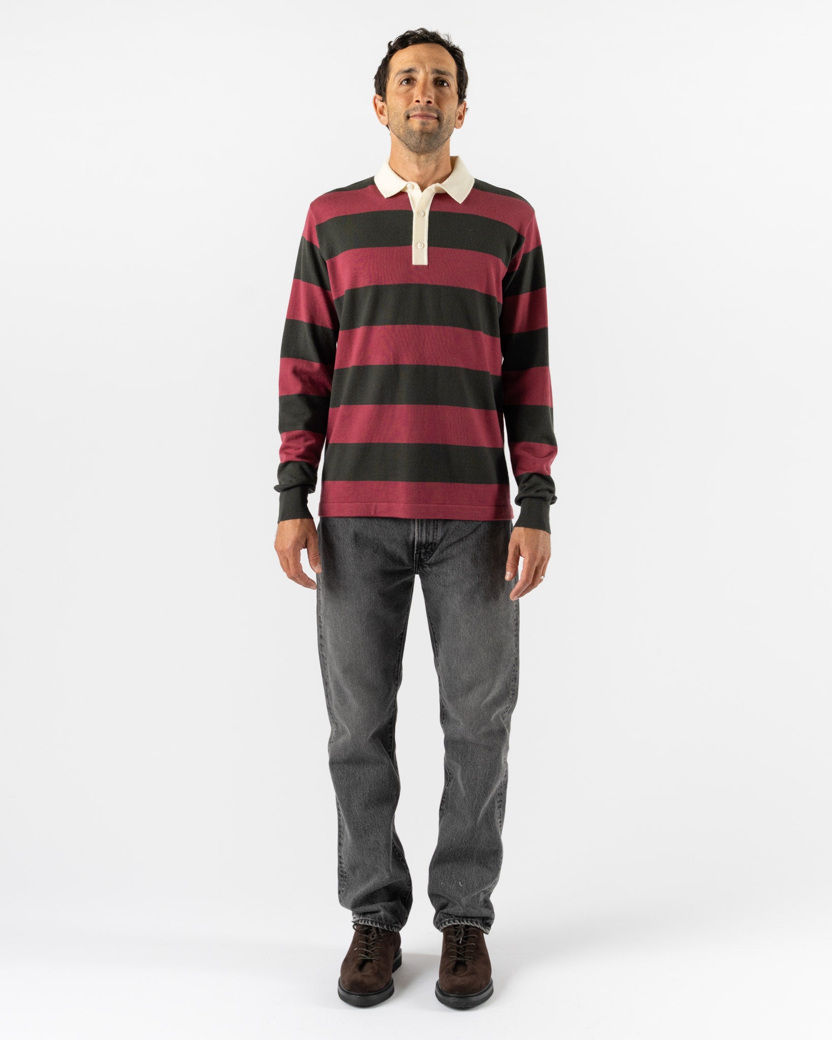 Drake's Block Stripe Knitted Rugby Shirt in Olive & Pink