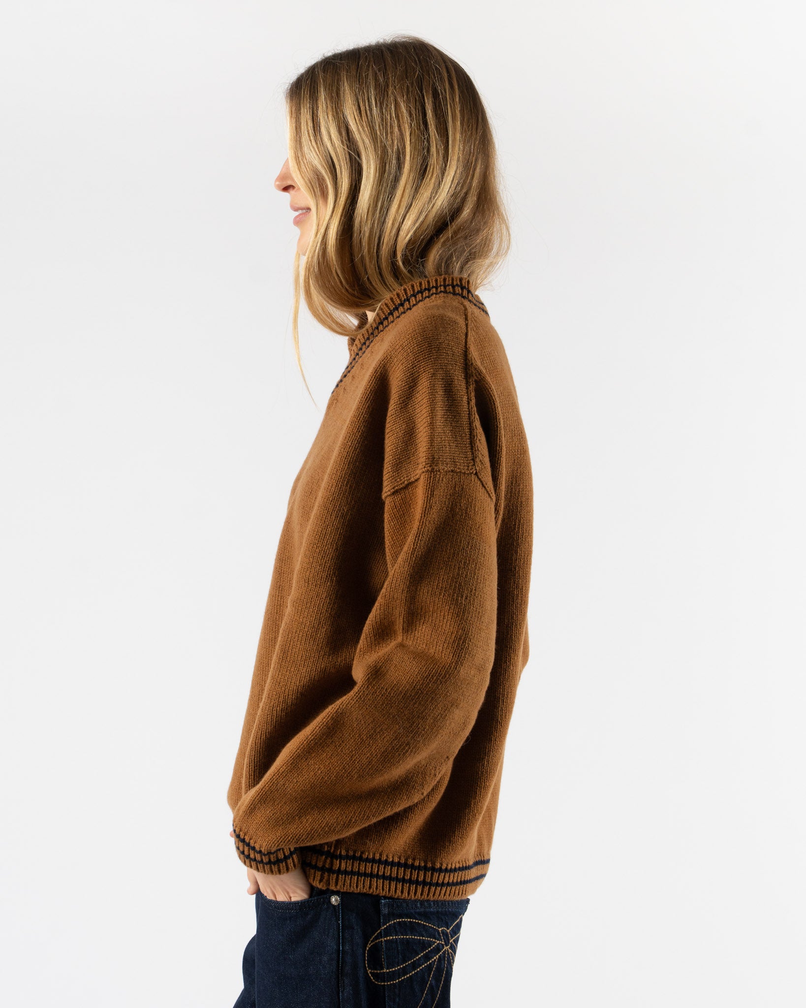 &Daughter Stripe Trim Balla Slouch V-Neck in Vicuna with Navy Stripe