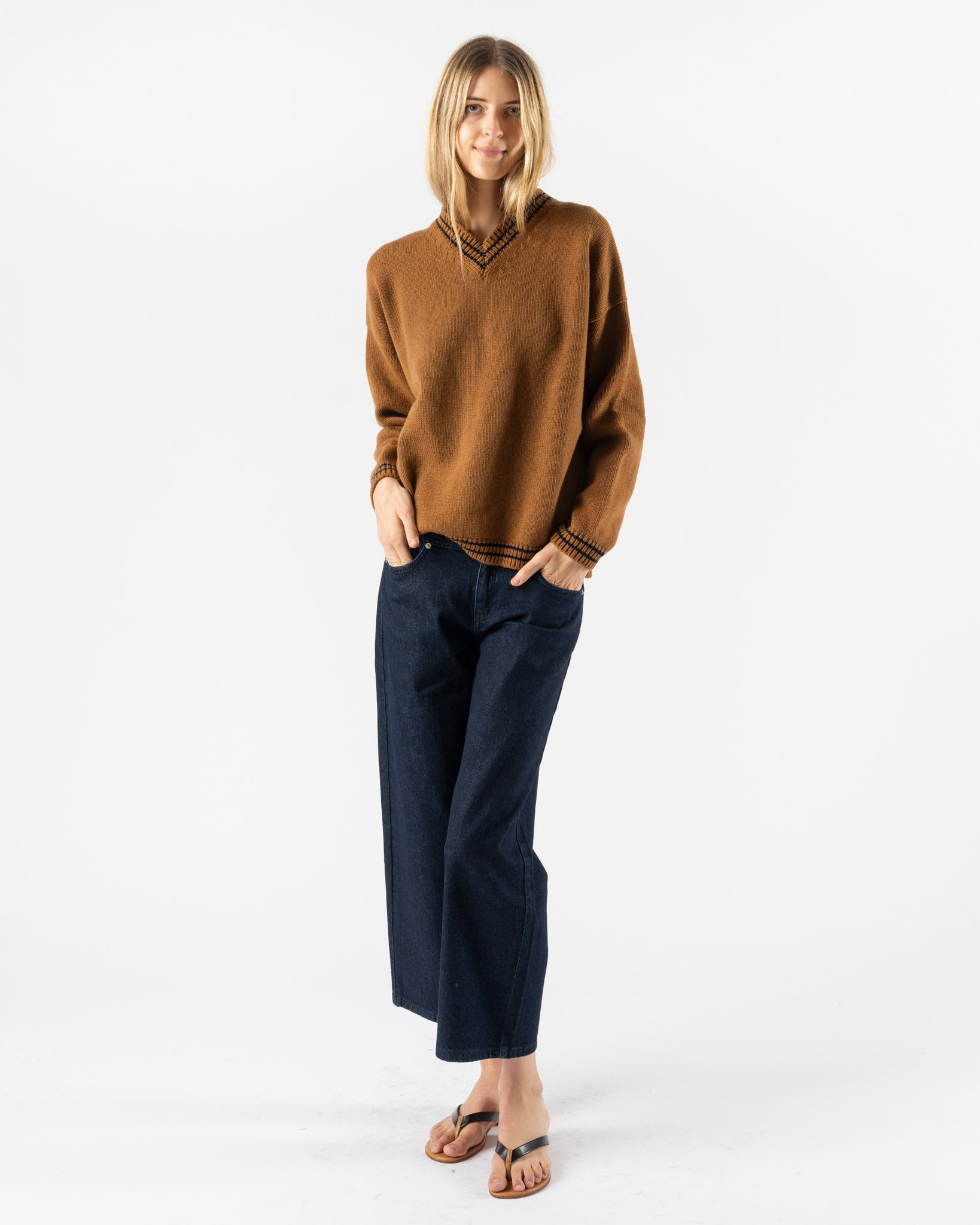 &Daughter Stripe Trim Balla Slouch V-Neck in Vicuna with Navy Stripe