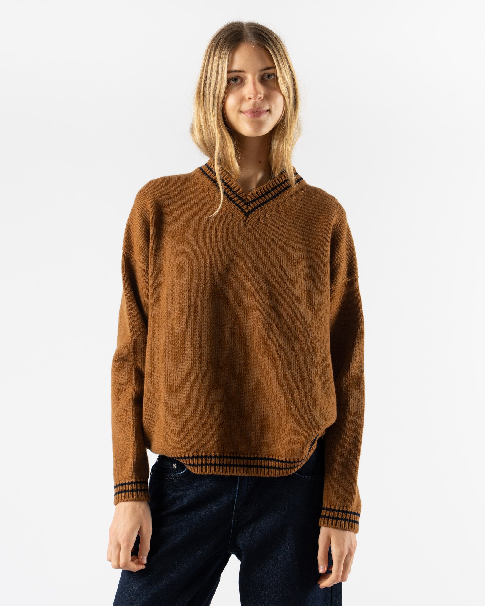 &Daughter Stripe Trim Balla Slouch V-Neck in Vicuna with Navy Stripe
