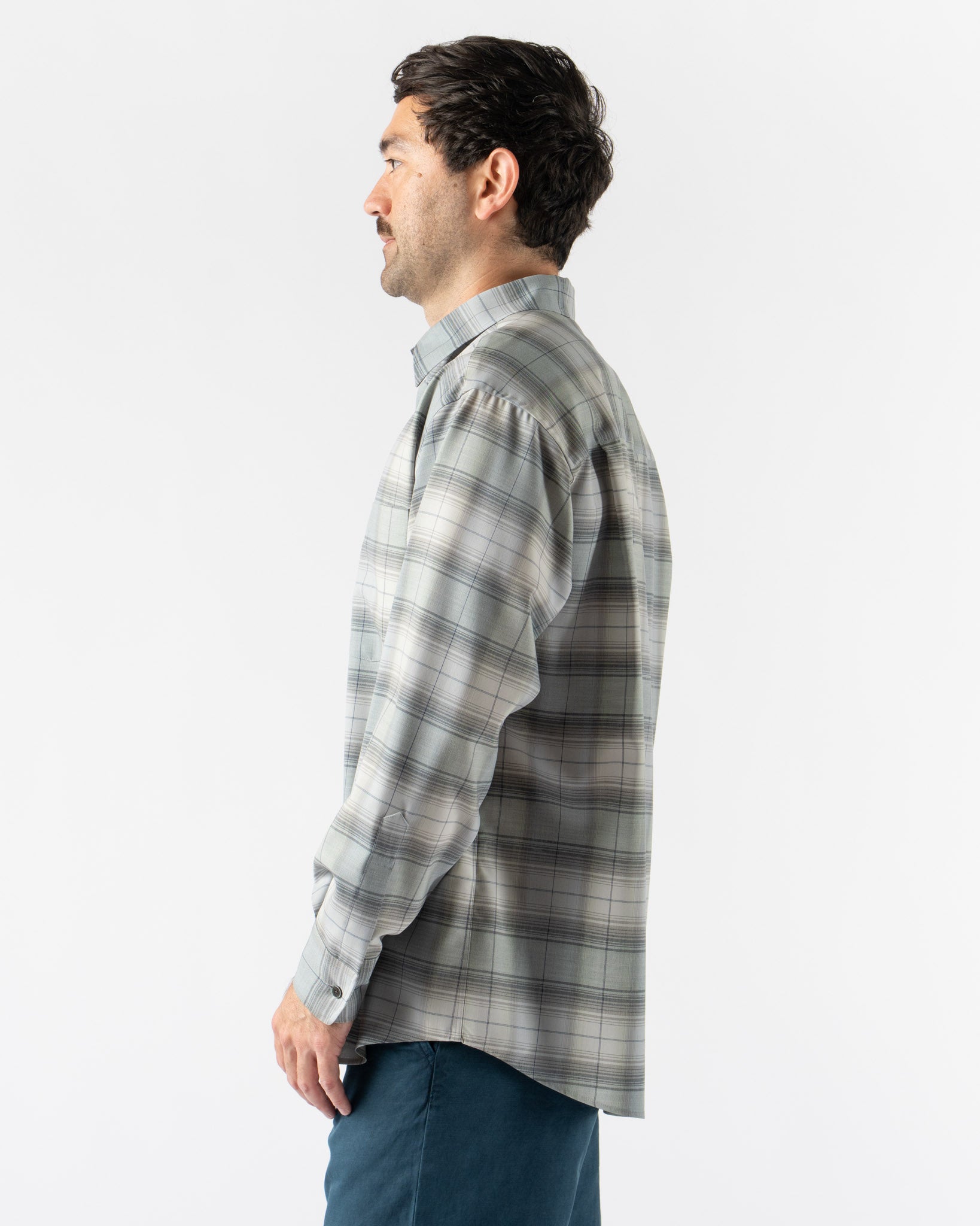 Auralee Super Light Wool Check Shirt in Blue Green Check