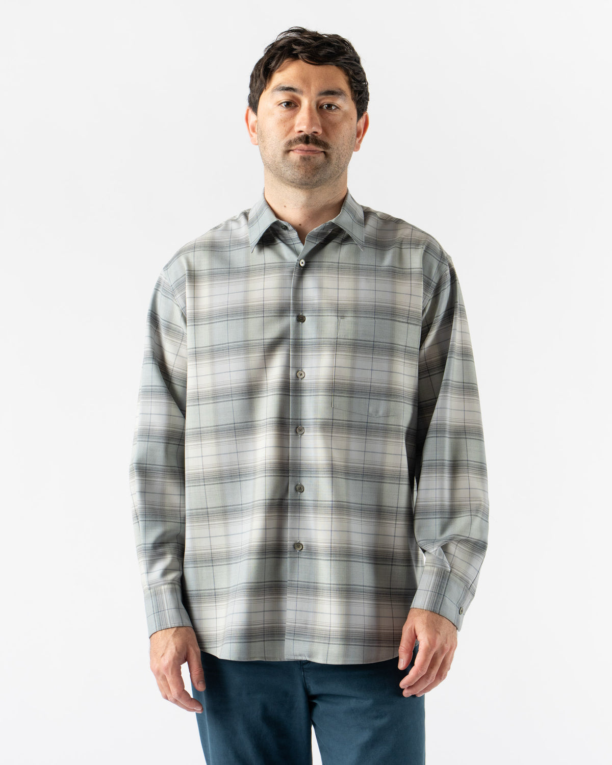Auralee Super Light Wool Check Shirt in Blue Green Check Curated 