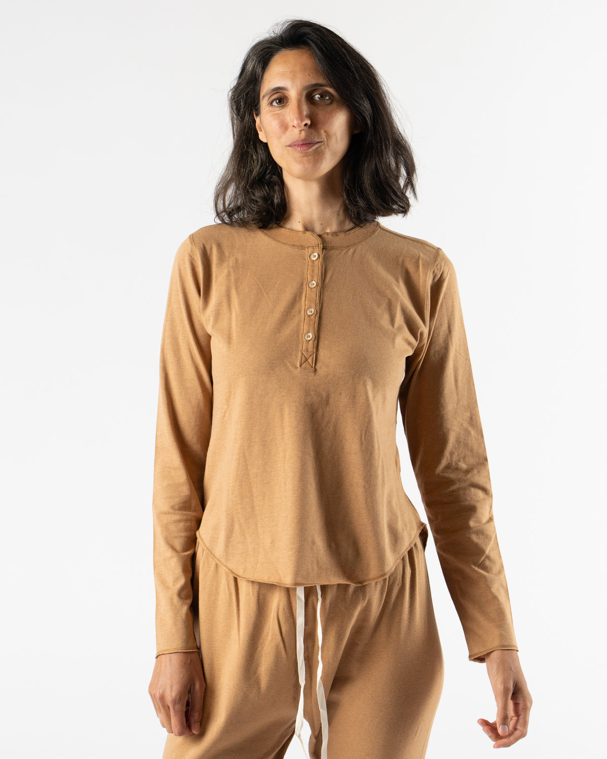 Ichi Antiquités Undyed Henley Shirt in Camel Curated at Jake and Jones