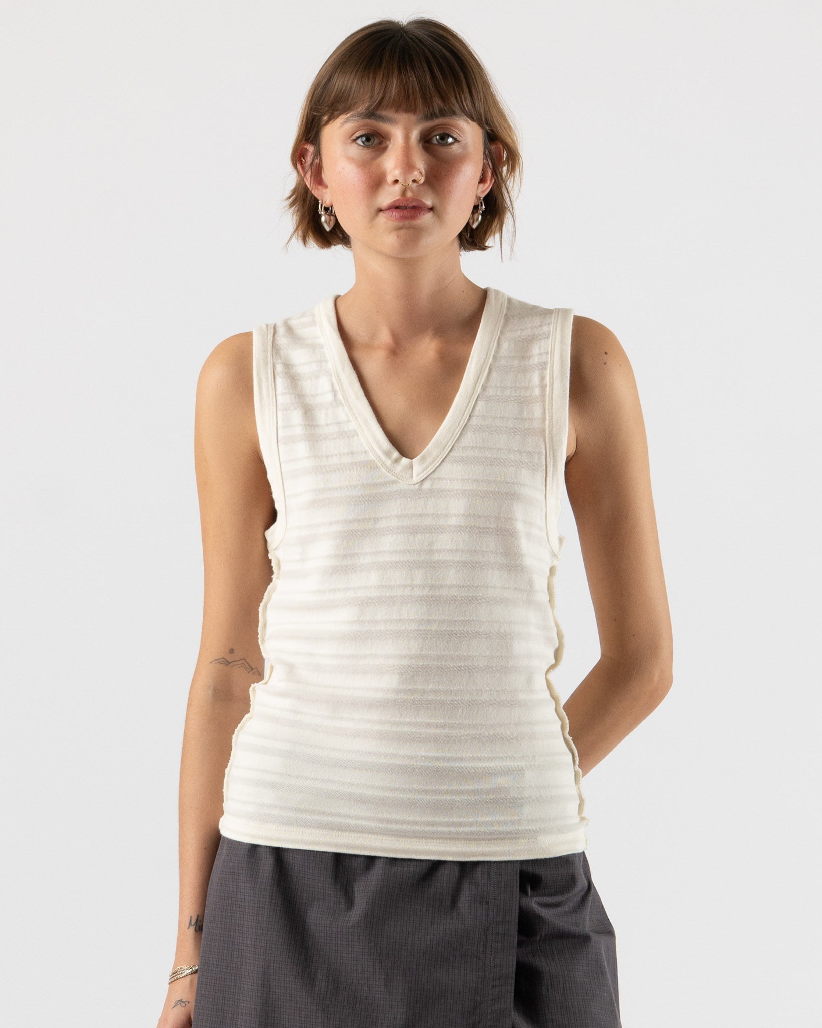 mfpen V-Neck Tank Top in Off White Stripe