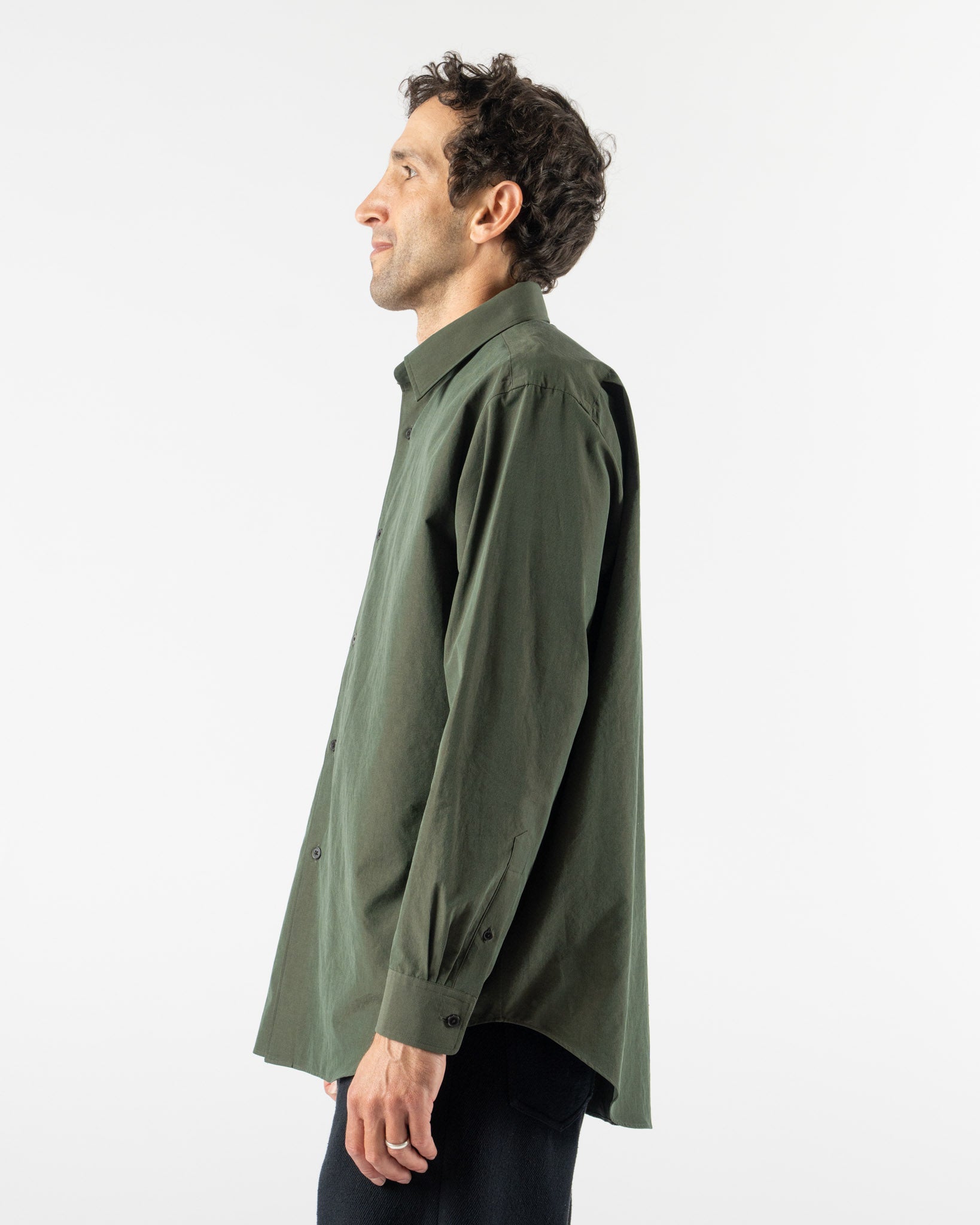 Auralee Washed Finx Weather Chambray Shirt in Dark Olive