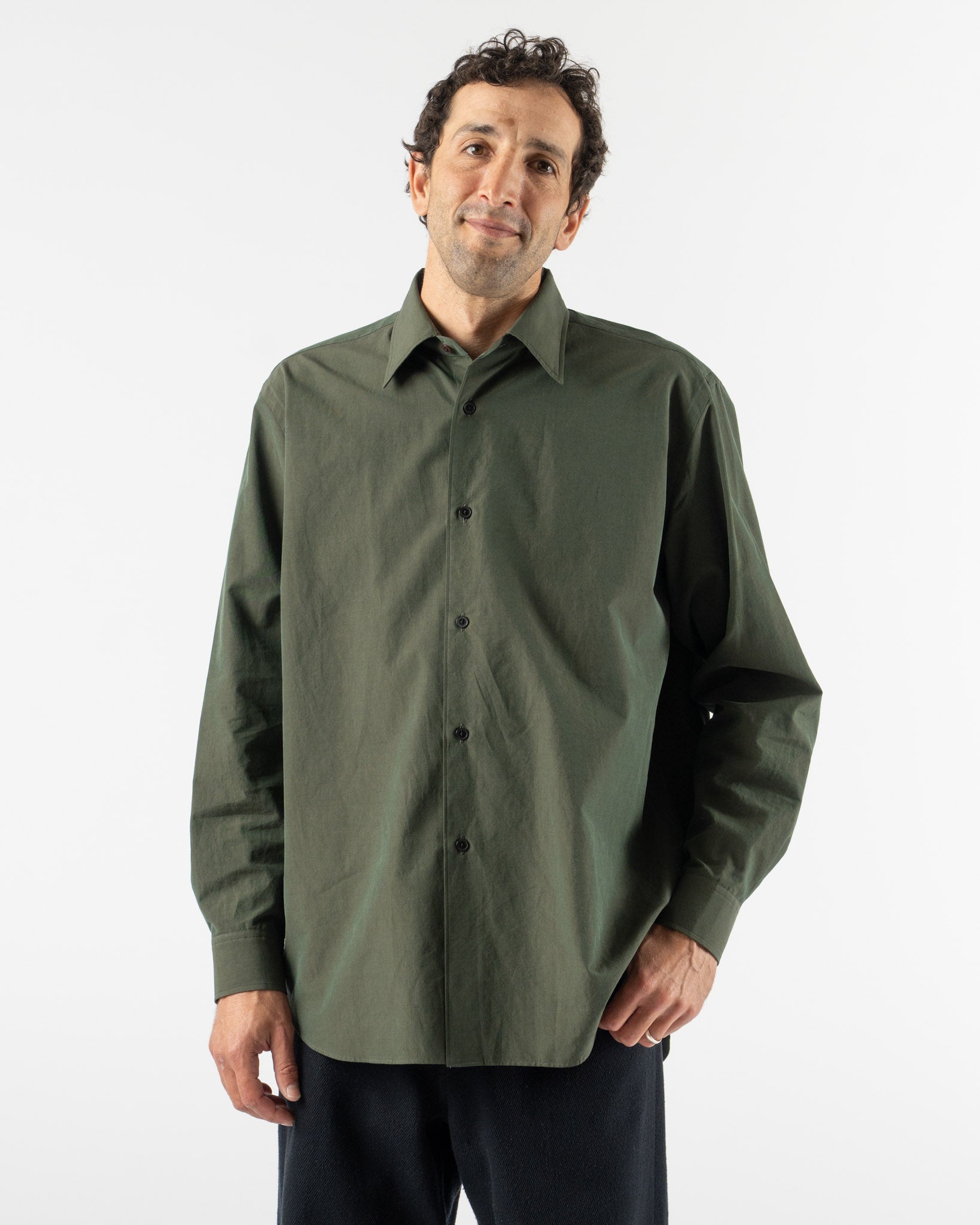Auralee Washed Finx Weather Chambray Shirt in Dark Olive