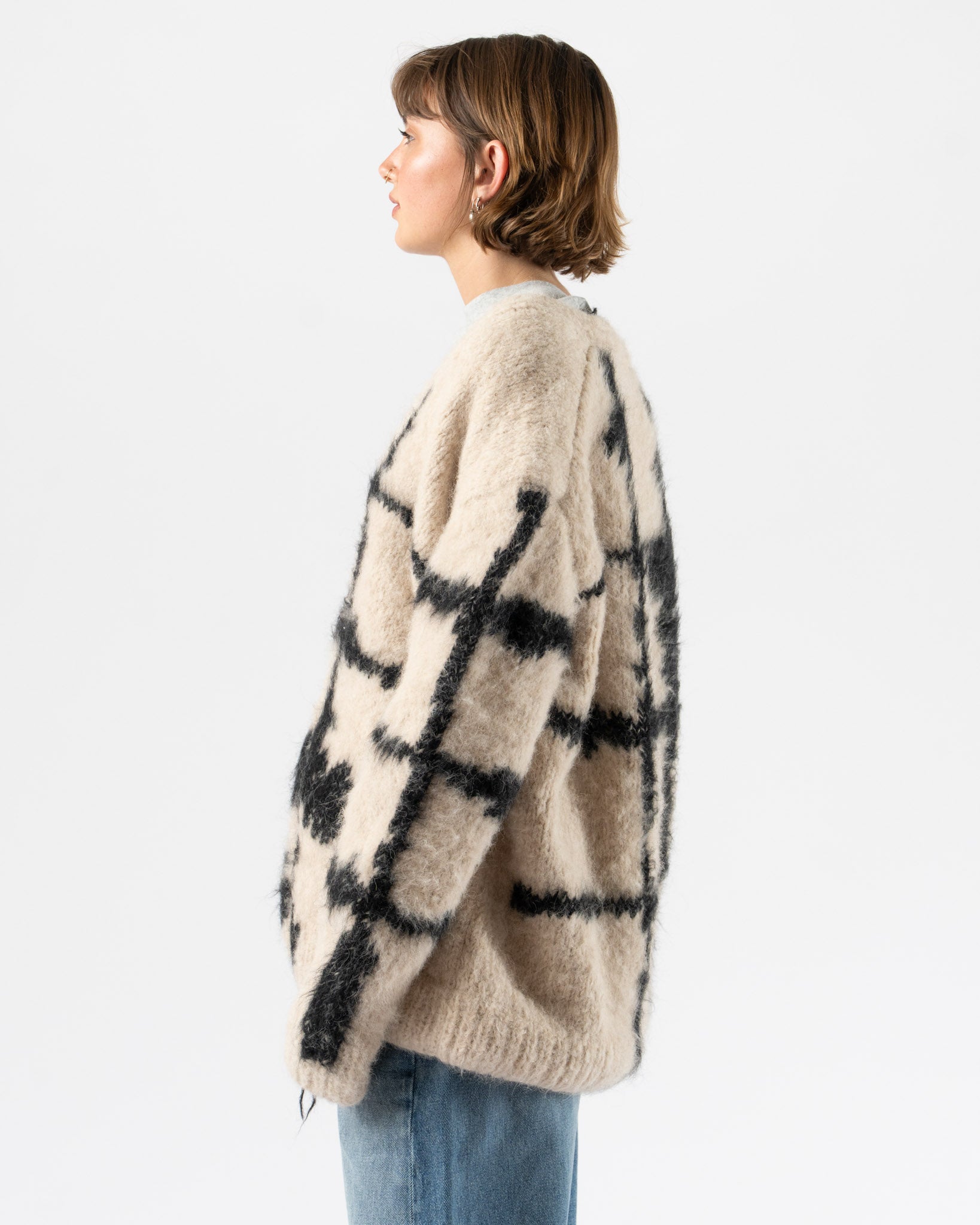 Wild Animals Windowpane Black Hand Knitted Cardigan