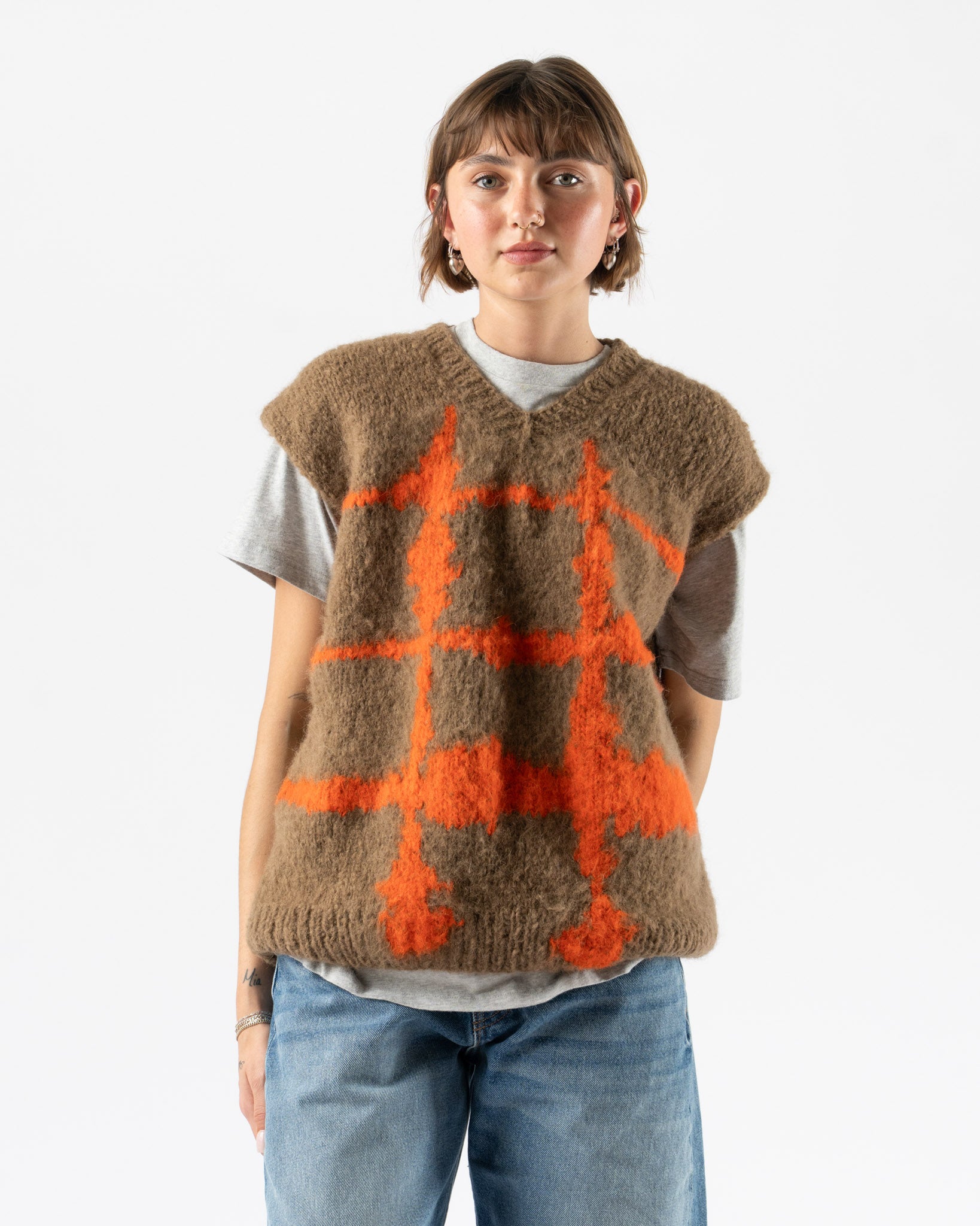 Wild Animals Windowpane Orange Hand Knitted Vest Curated at Jake