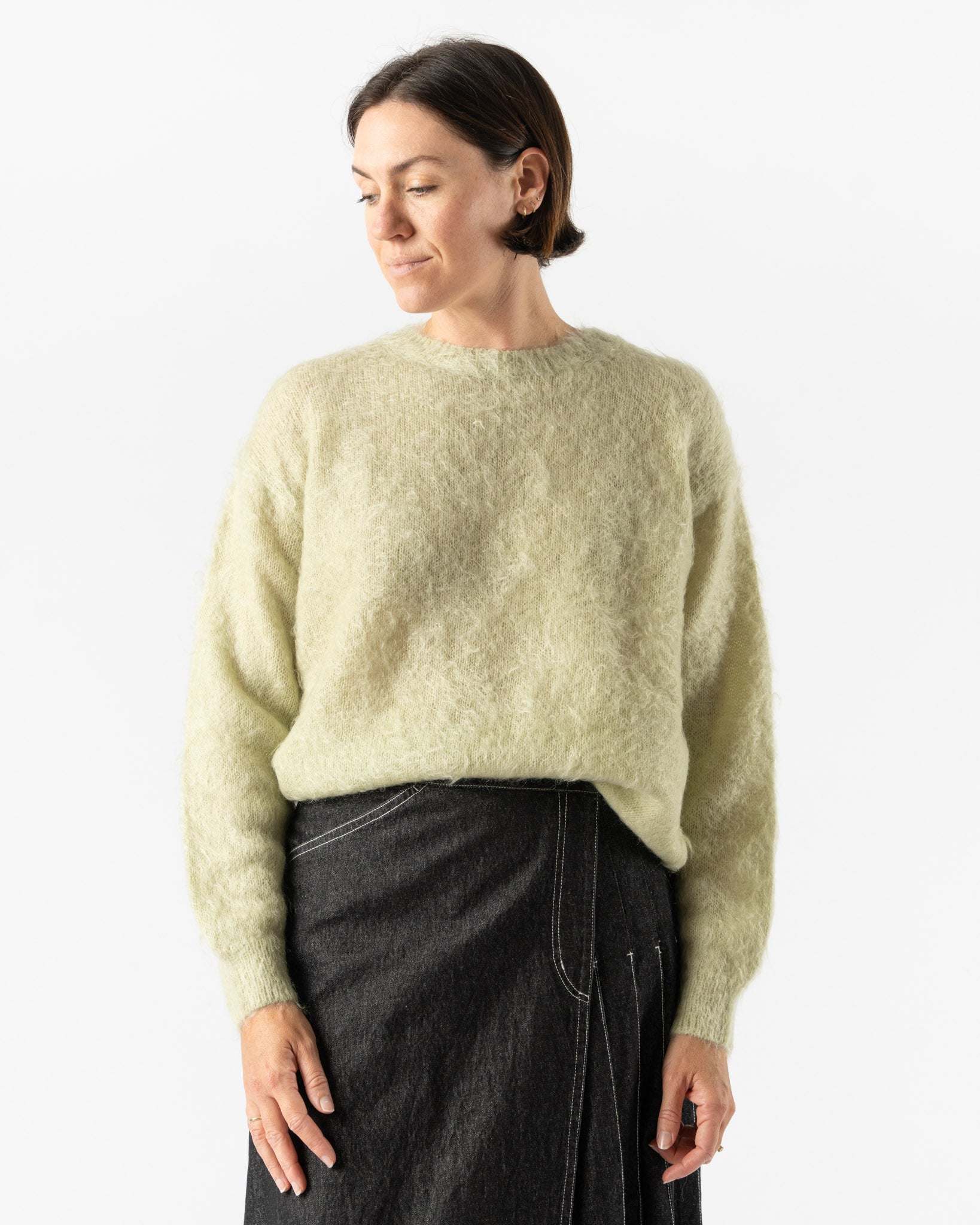 Auralee Womens Brushed Super Kid Mohair Knit Pullover in Light Khaki