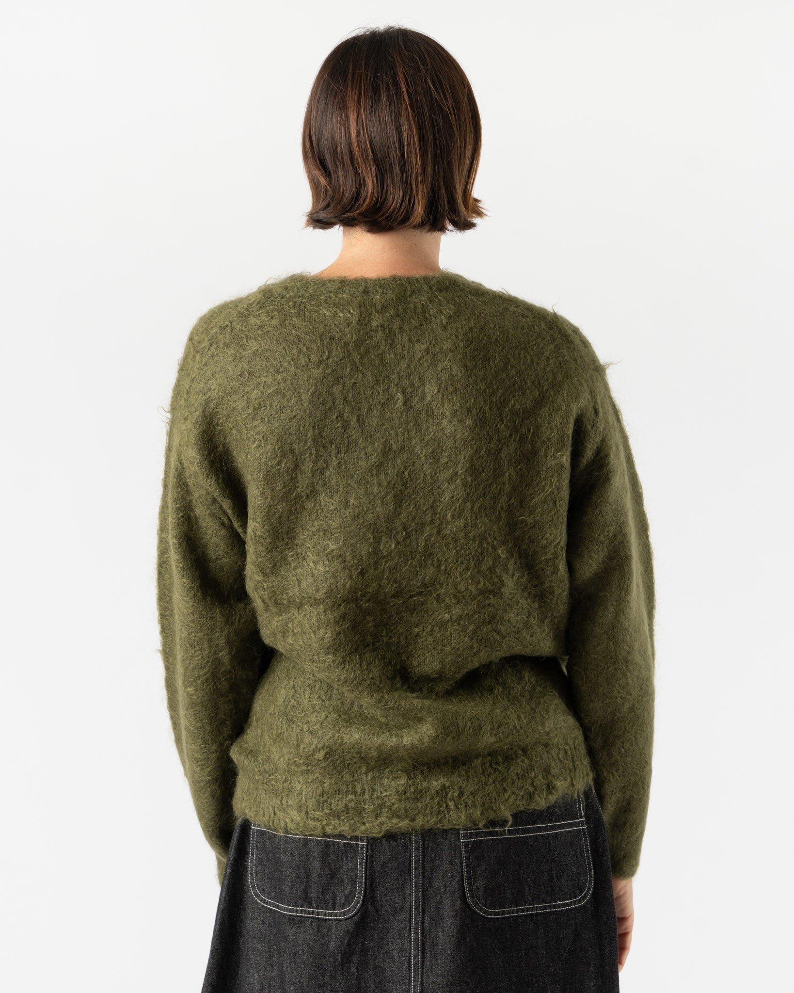 Auralee Womens Brushed Super Kid Mohair Knit Pullover in Olive