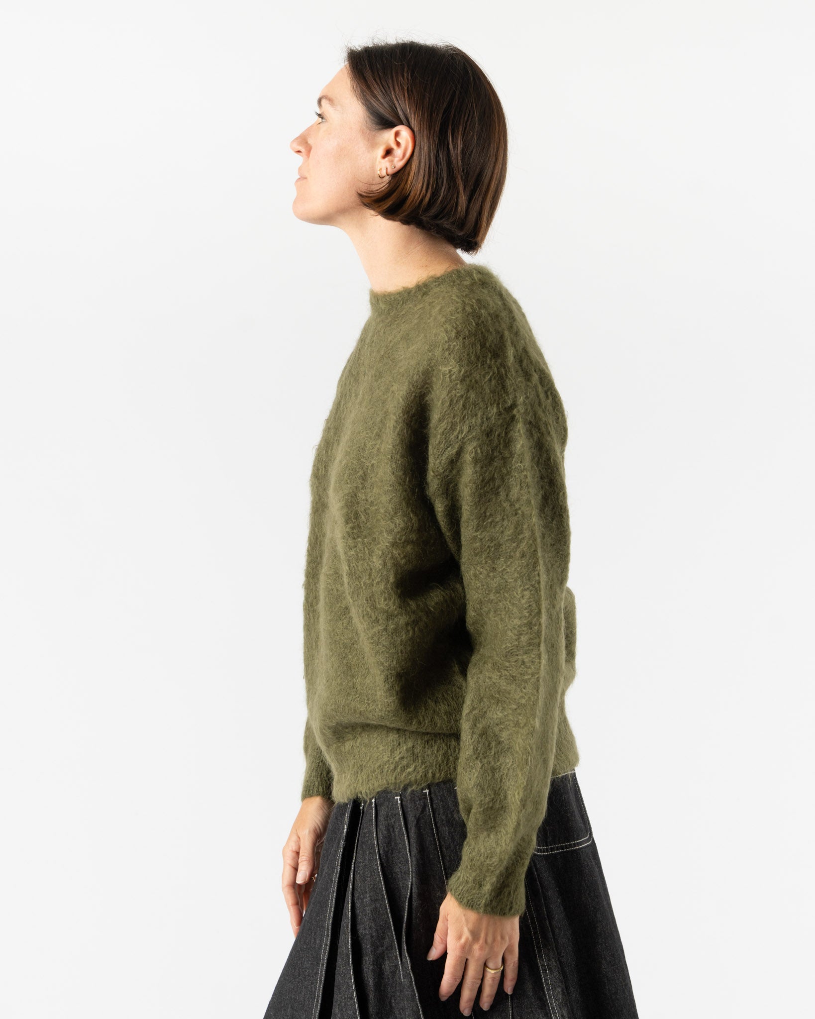 Auralee Womens Brushed Super Kid Mohair Knit Pullover in Olive