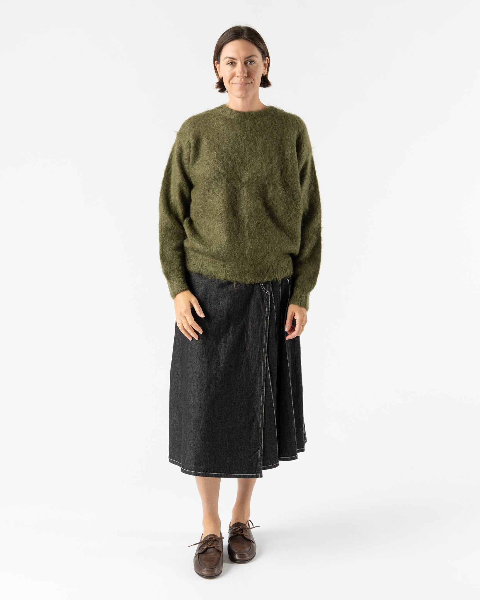 Auralee Womens Brushed Super Kid Mohair Knit Pullover in Olive