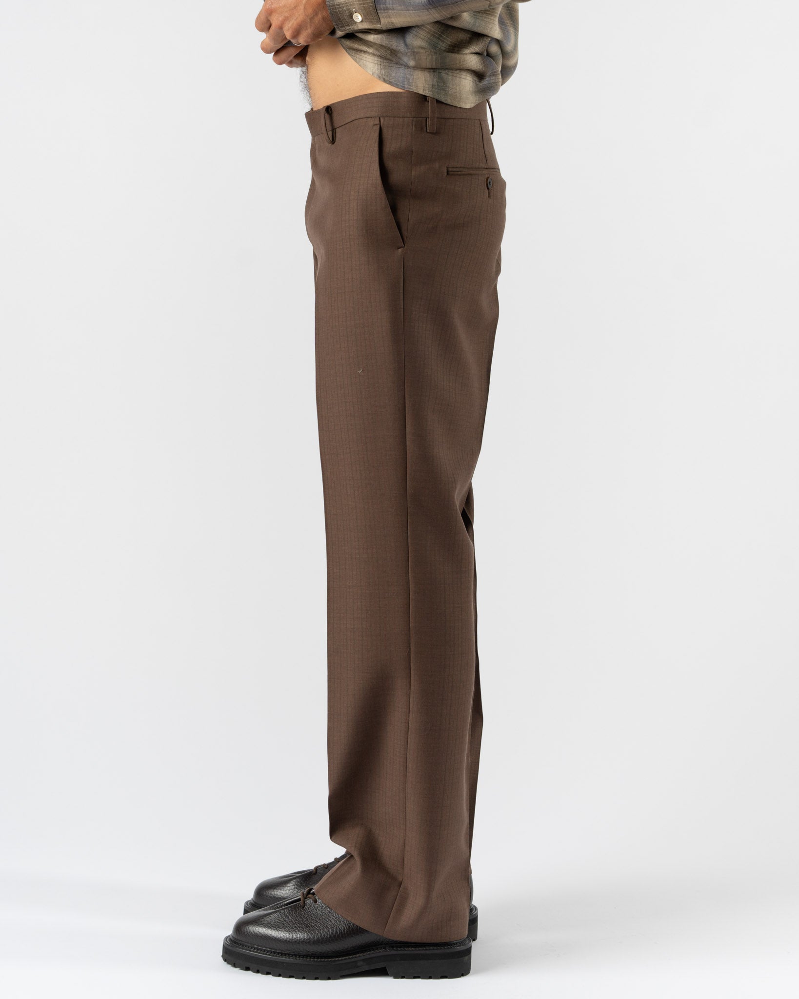 Auralee Bluefaced Wool Narrow Slacks in Brown Red Stripe