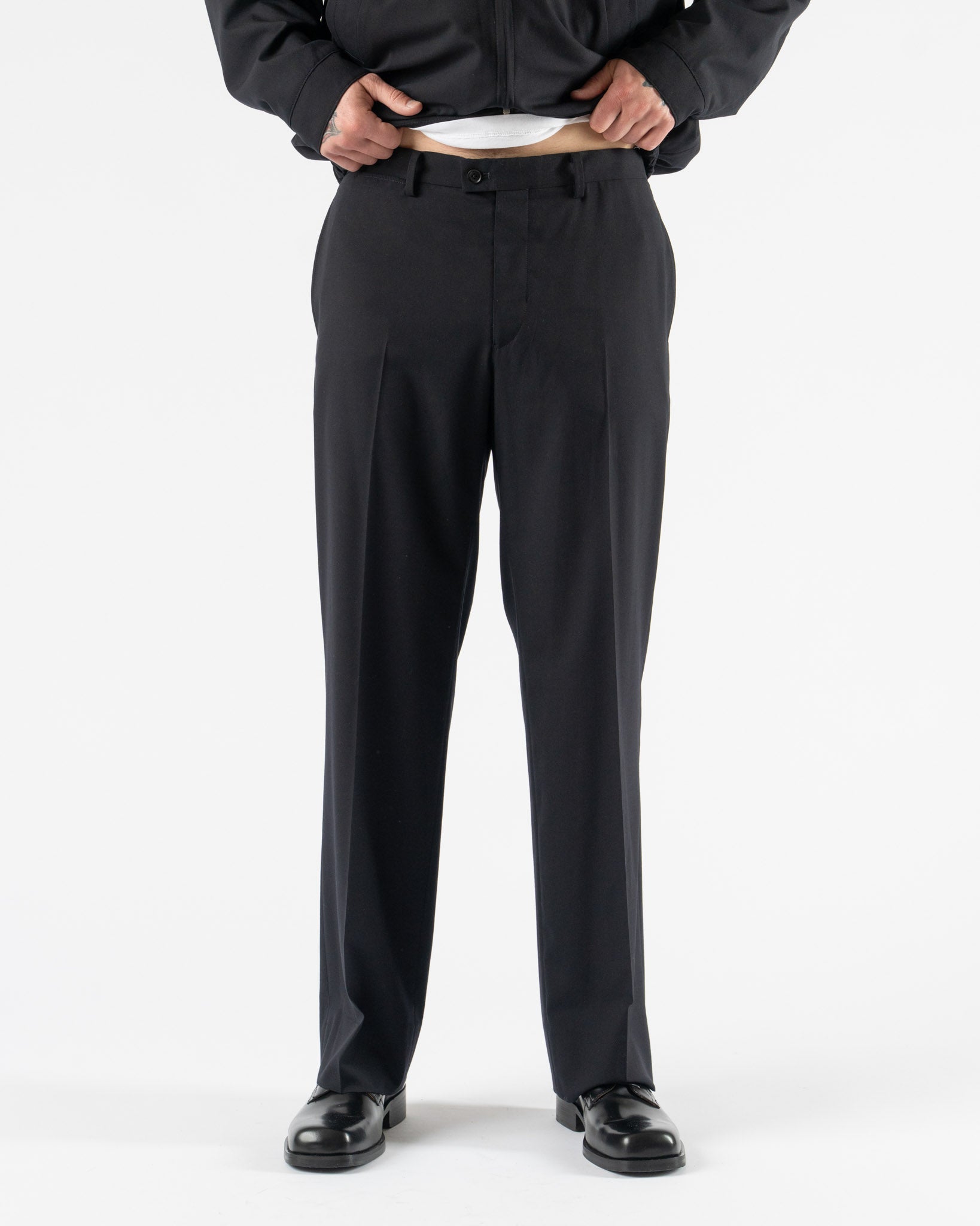 Kaptain Sunshine Wool Poplin Neutral Slacks in Navy Curated at