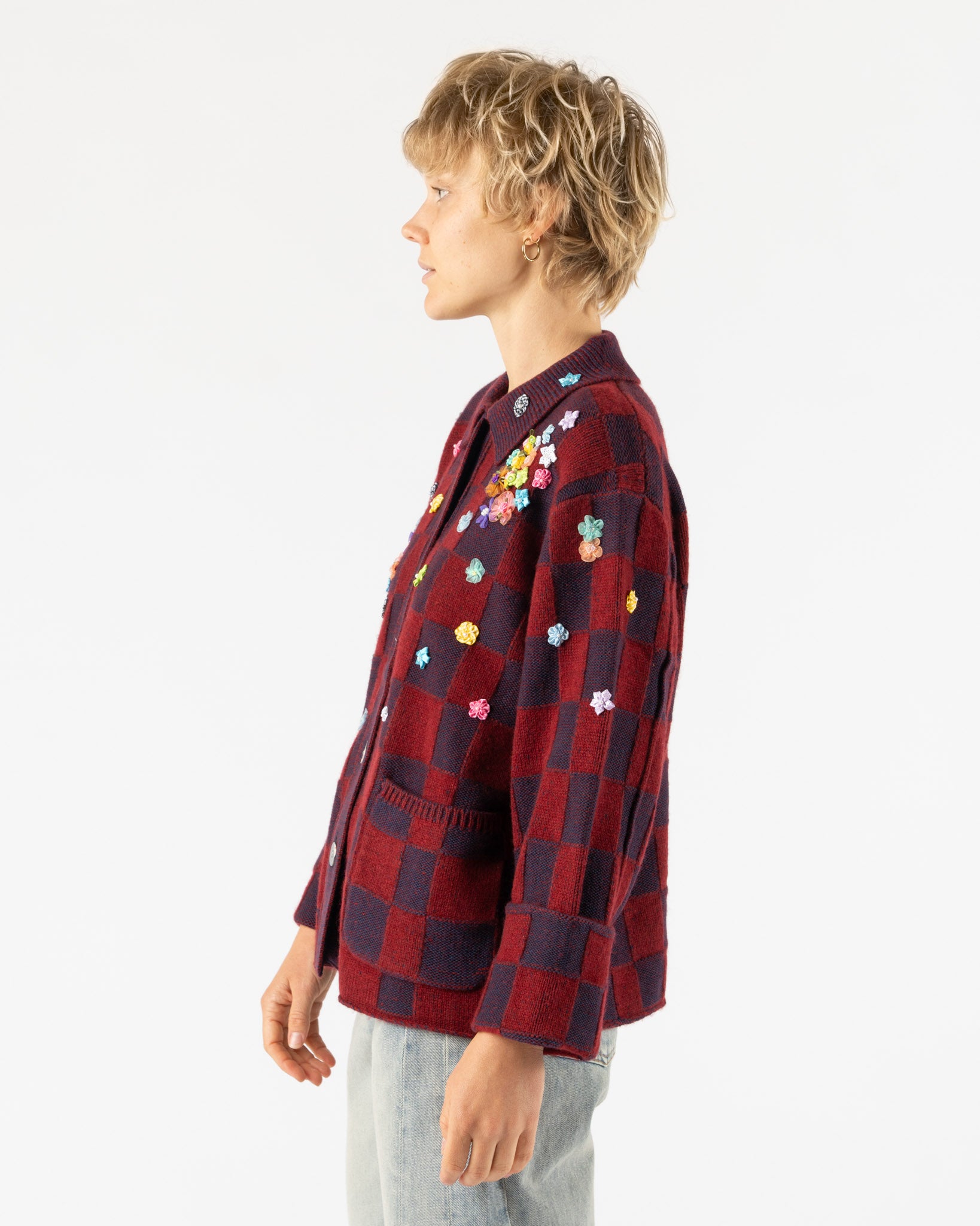 YanYan Fireworks Knitted Work Jacket in Wine/Navy