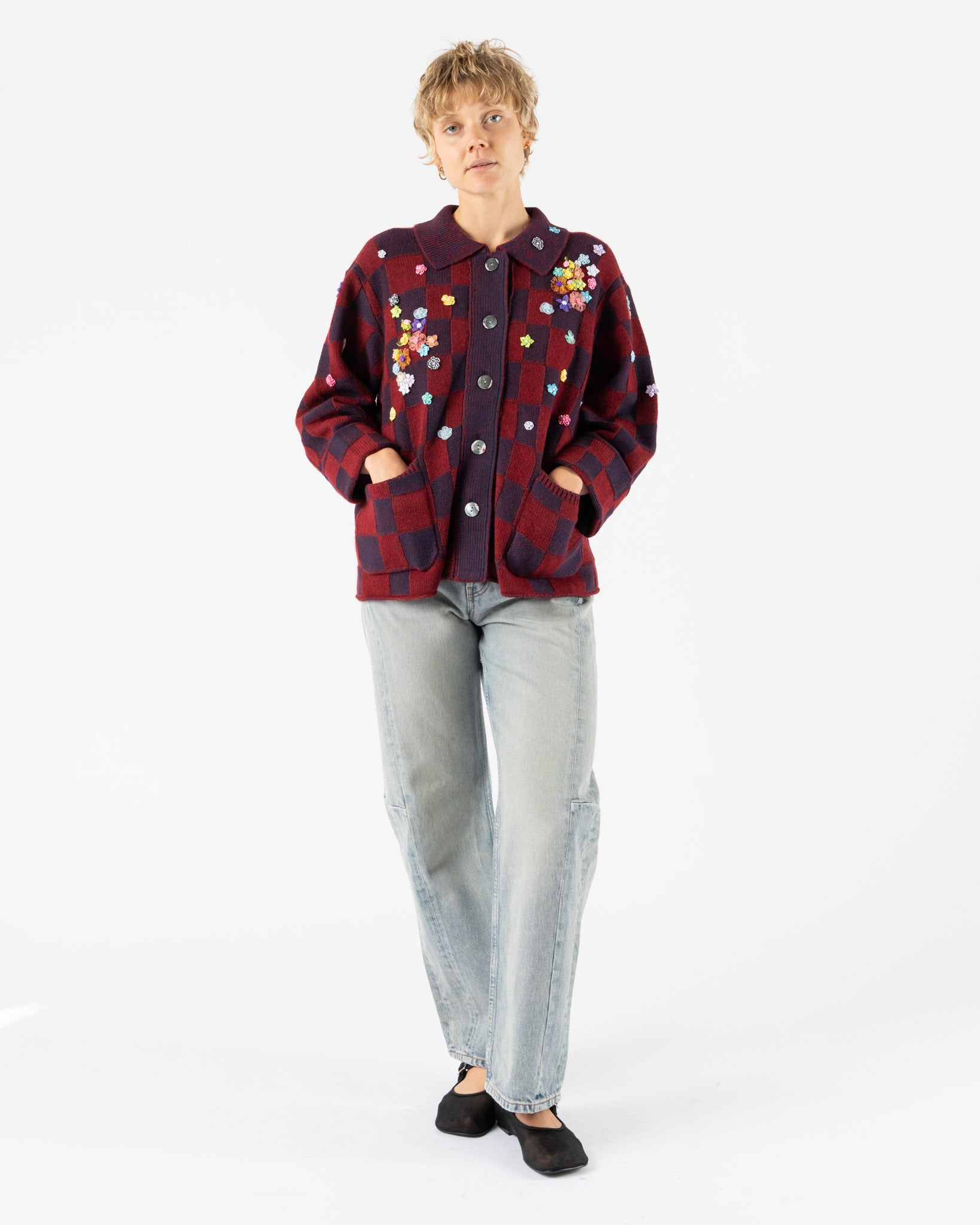 YanYan Fireworks Knitted Work Jacket in Wine/Navy