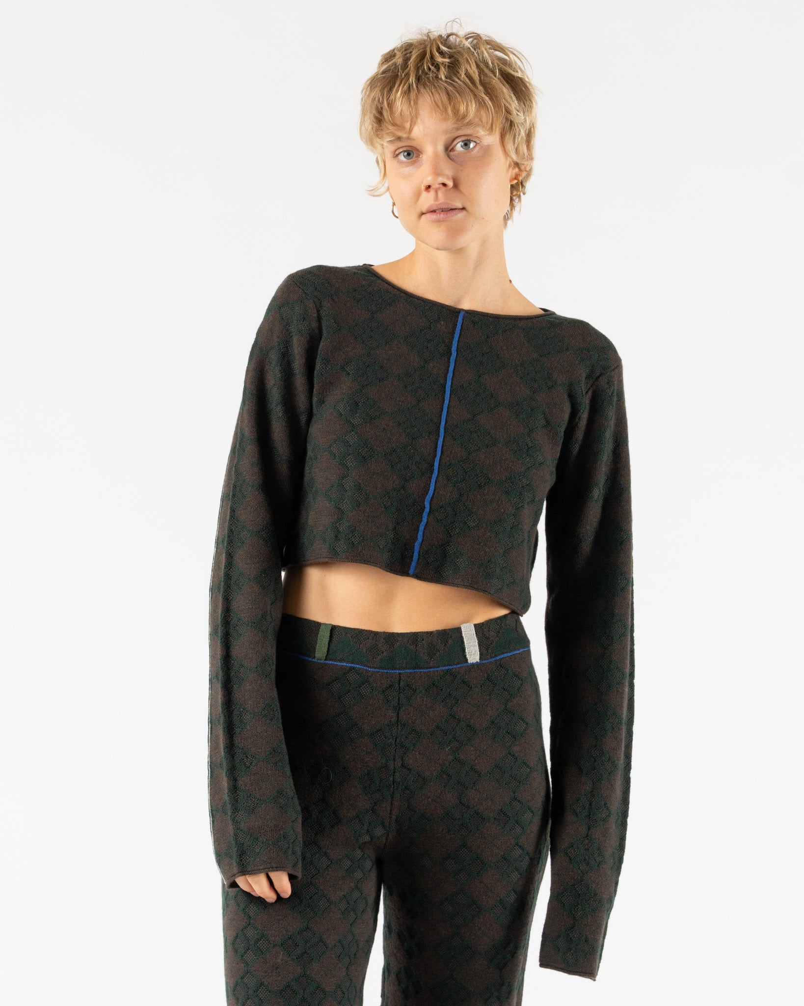 YanYan Argyle Easy Crop Crew in Brown/Green