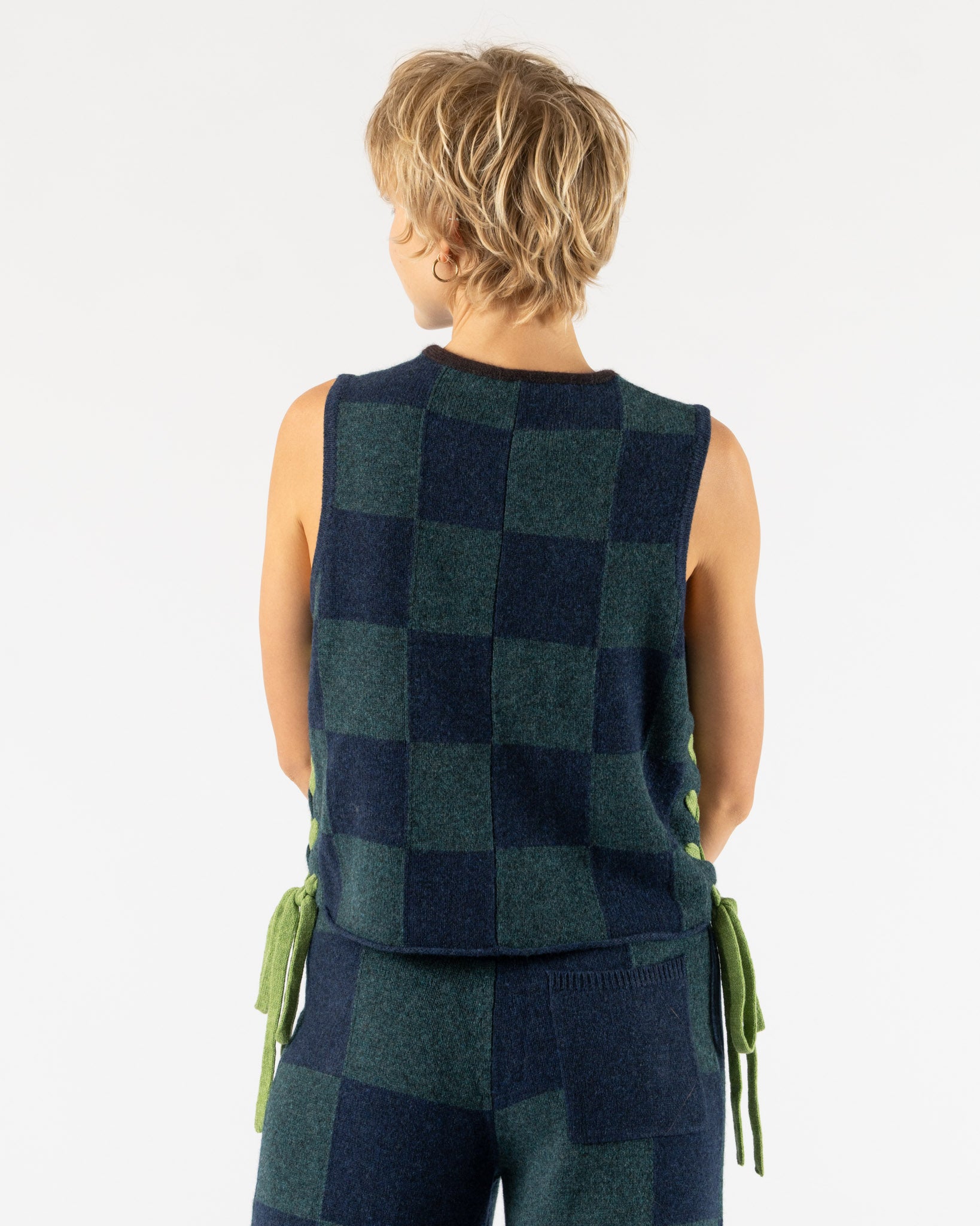 YanYan Daisy Check Work Waistcoat in Navy