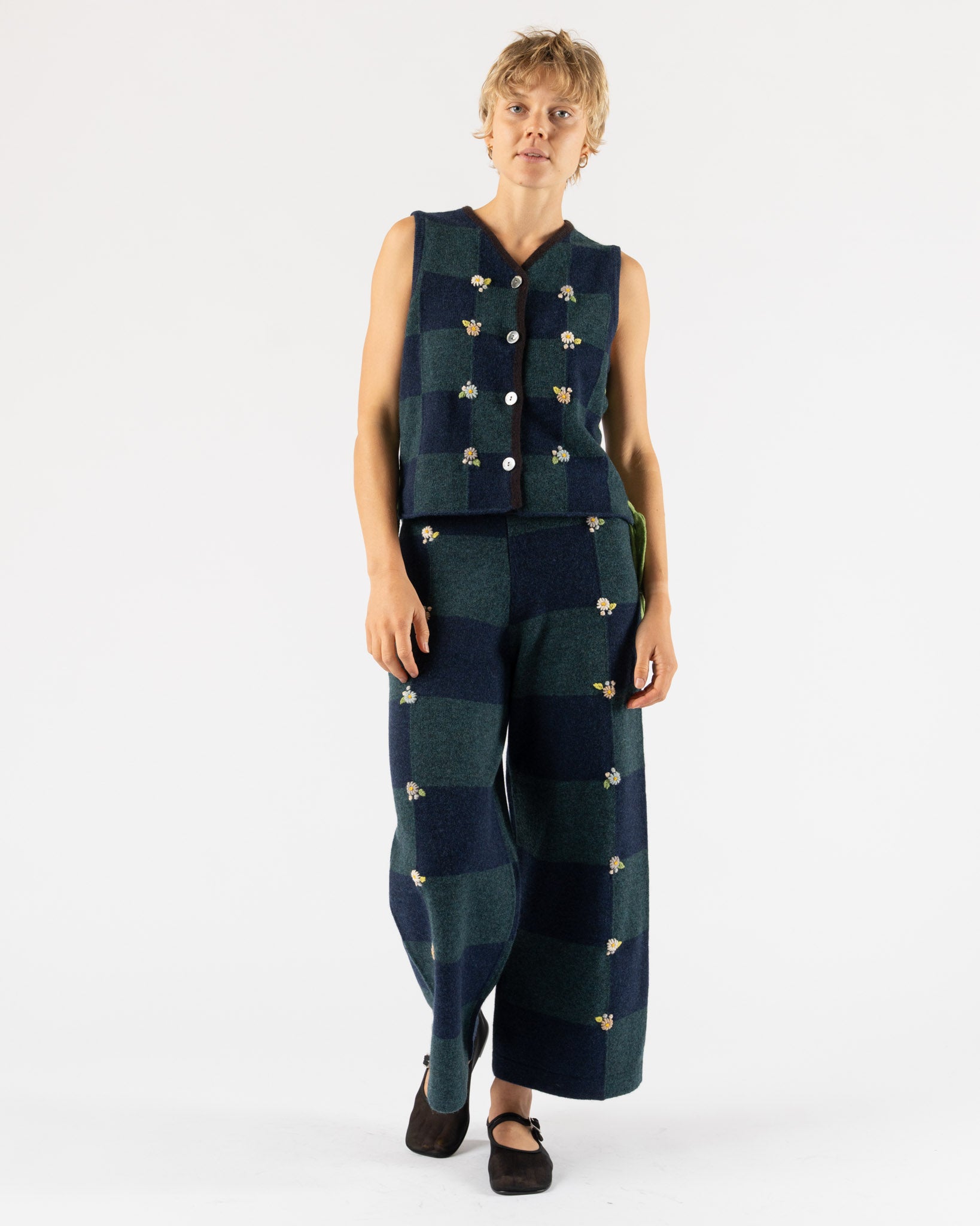 YanYan Daisy Check Work Waistcoat in Navy