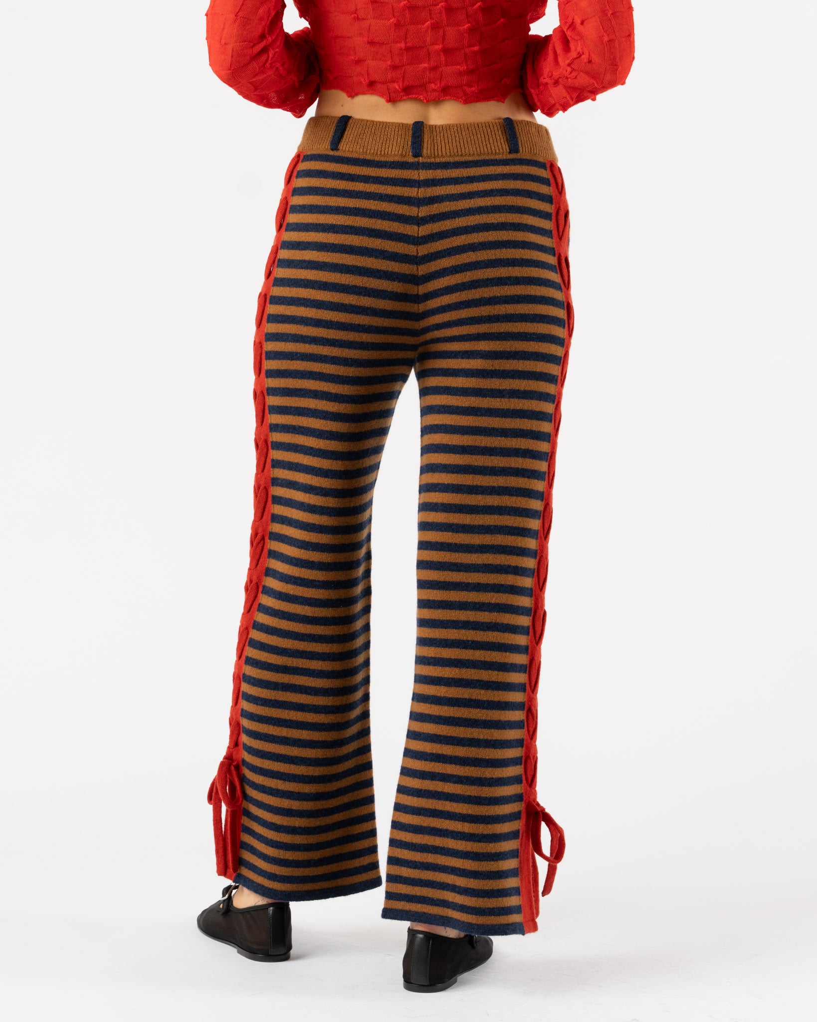 YanYan Striped Lambswool Laceup Pant in Camel/Navy/Red