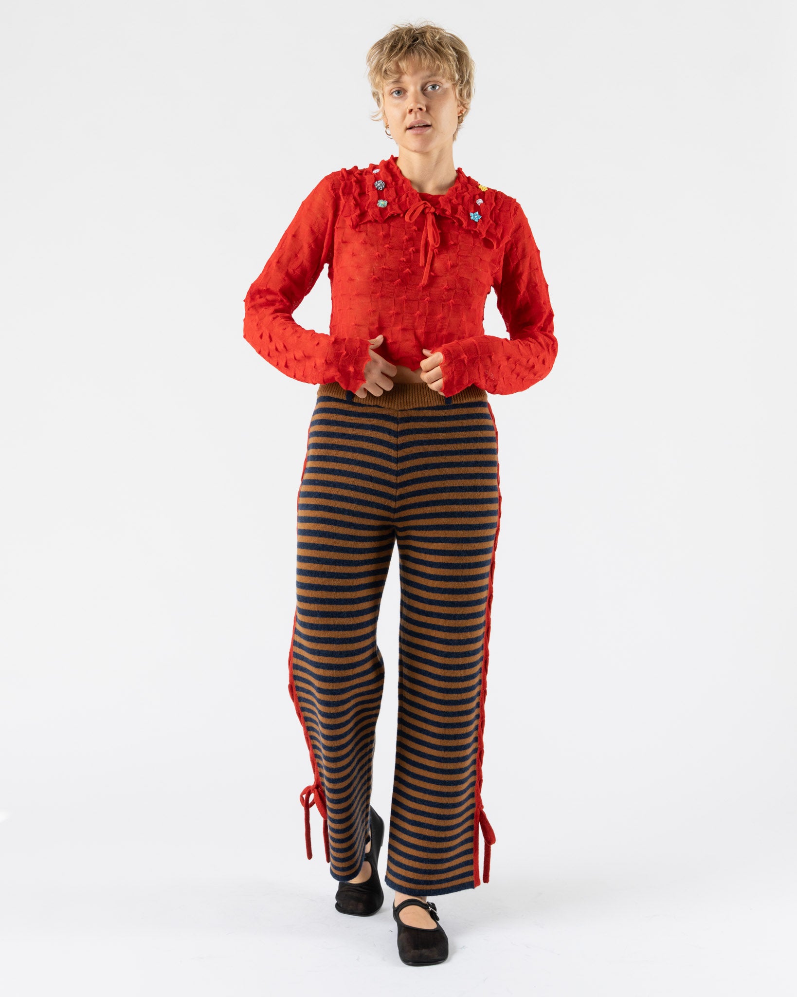 YanYan Striped Lambswool Laceup Pant in Camel/Navy/Red