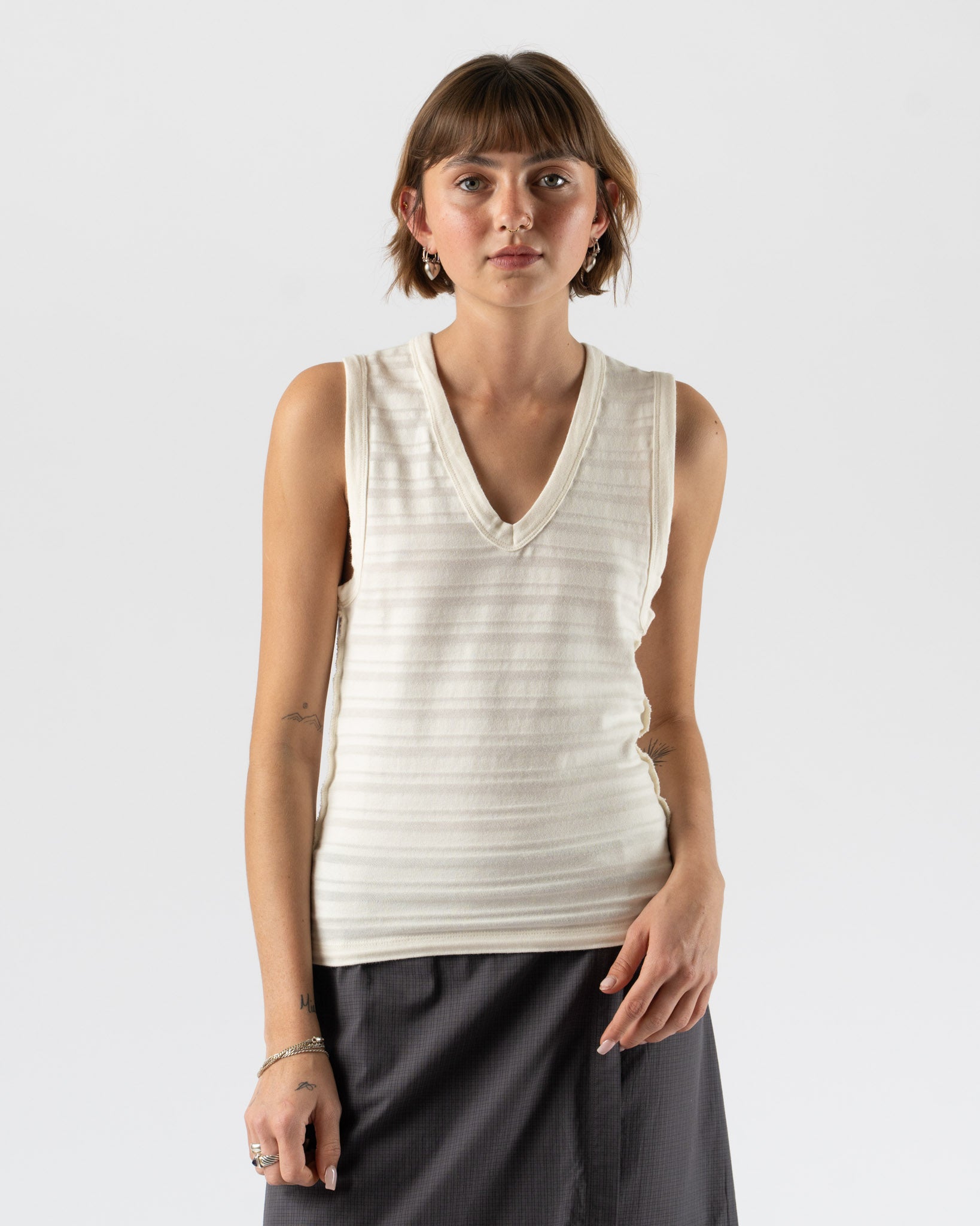 mfpen V-Neck Tank Top in Off White Stripe