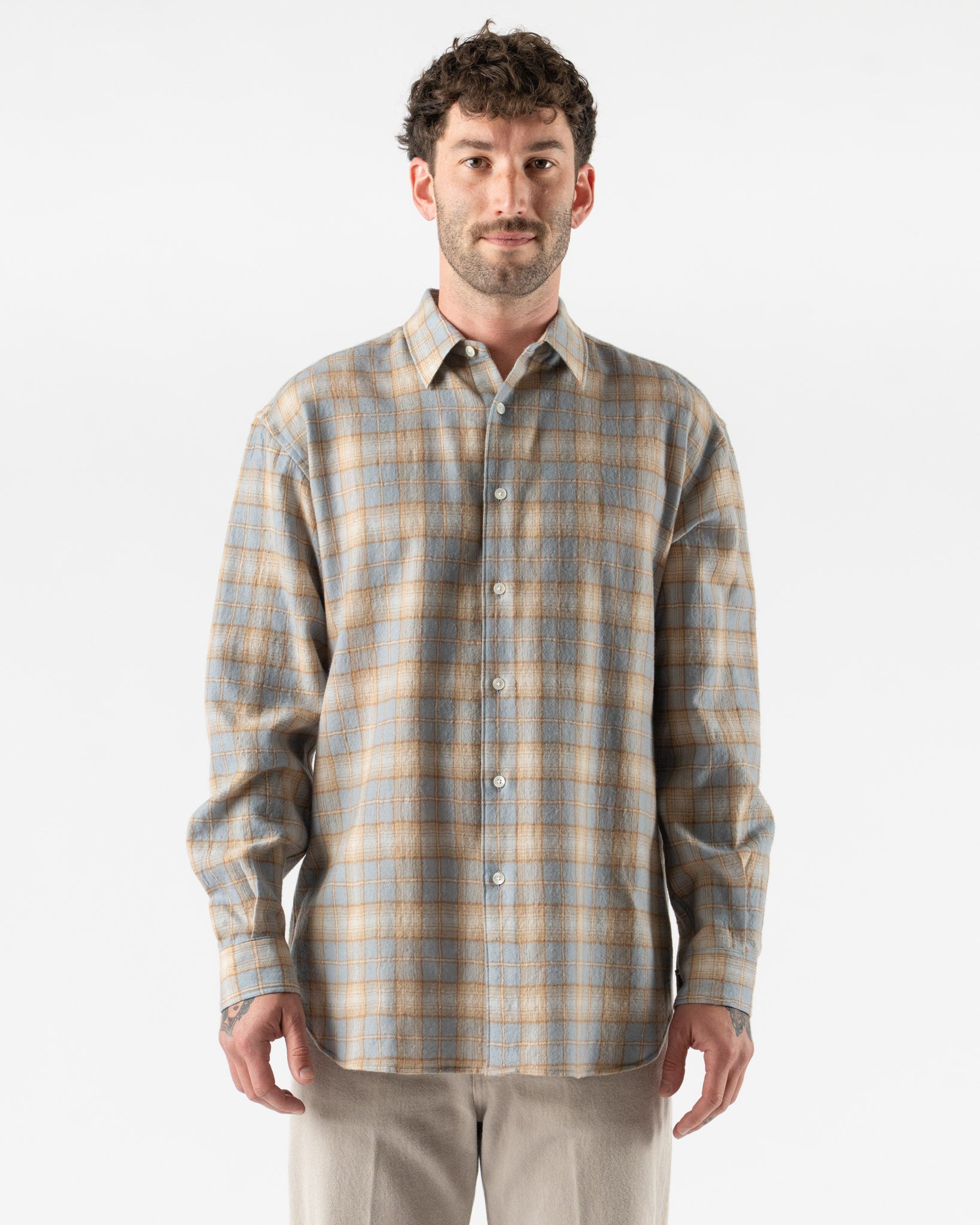 Auralee Airy Wool Check Shirt in Light Blue x Beige