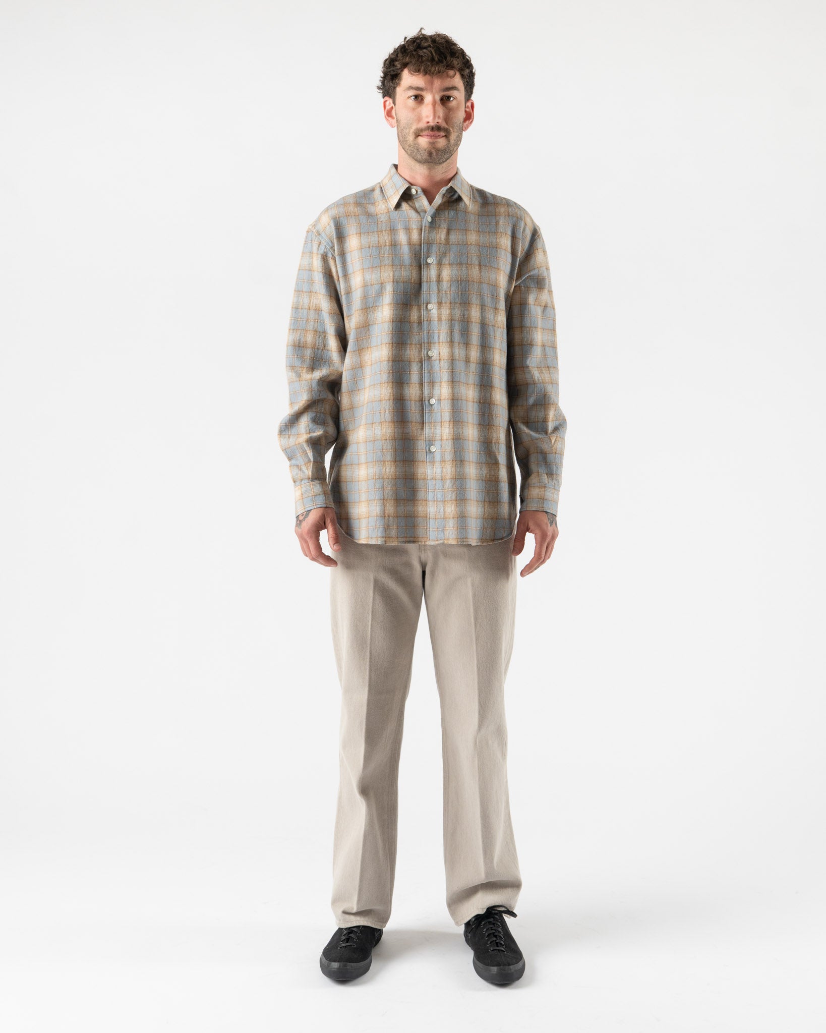 Auralee Airy Wool Check Shirt in Light Blue x Beige