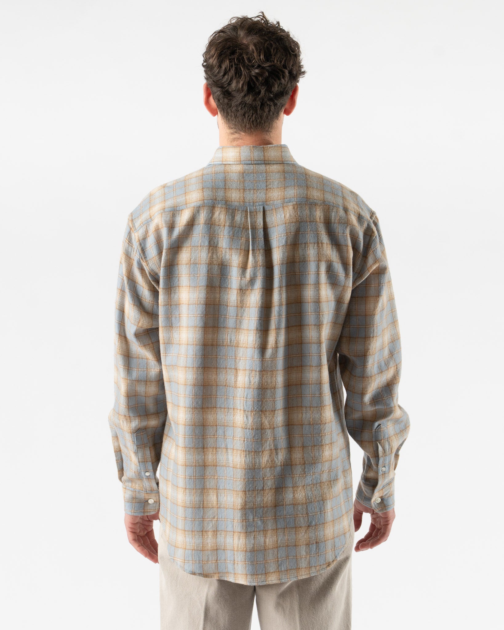 Auralee Airy Wool Check Shirt in Light Blue x Beige