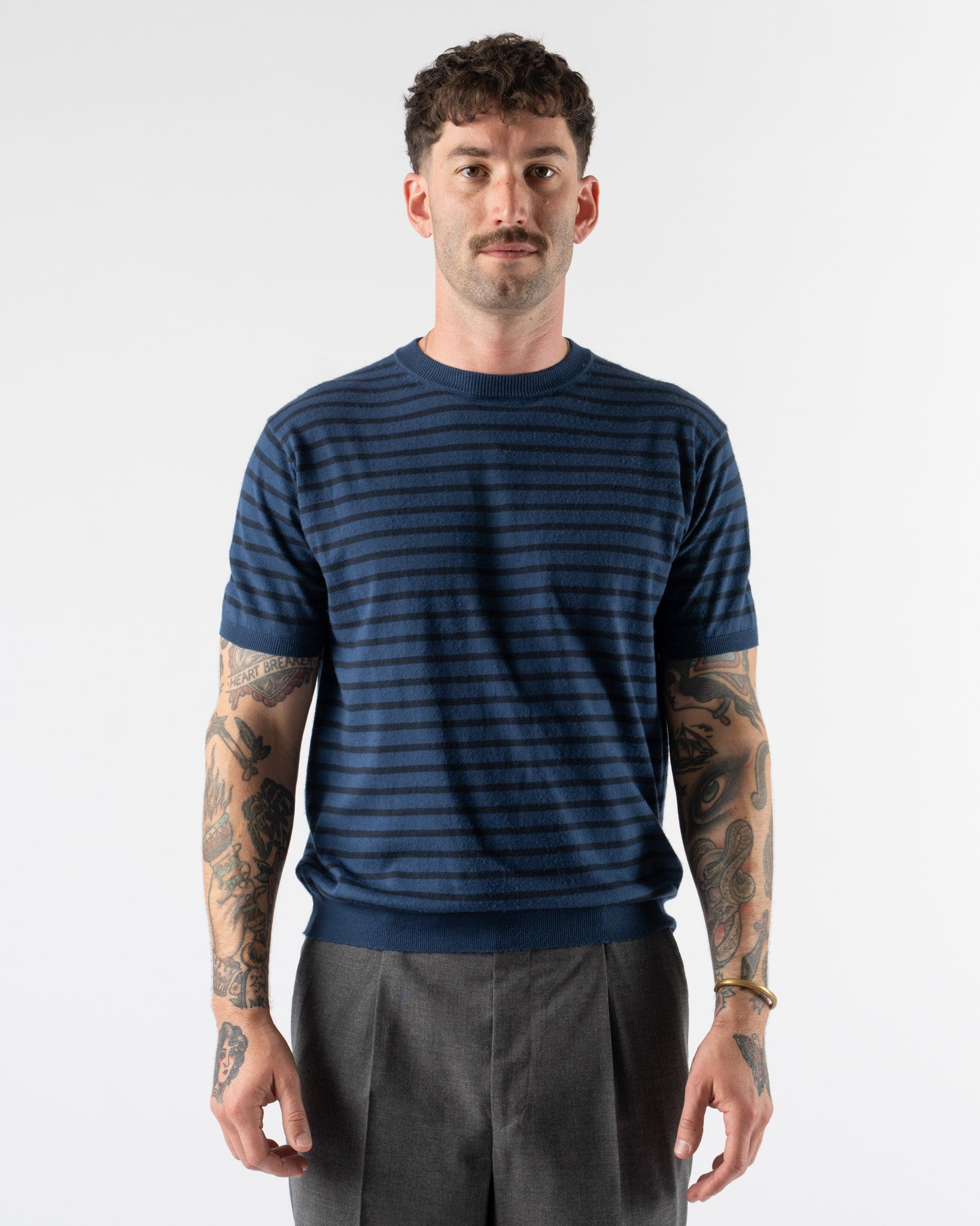 Auralee High Gauge Cotton Knit Tee in Blue Navy Stripe