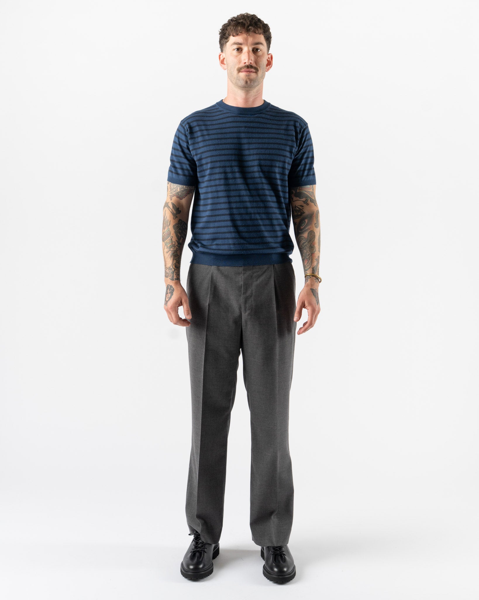 Auralee High Gauge Cotton Knit Tee in Blue Navy Stripe