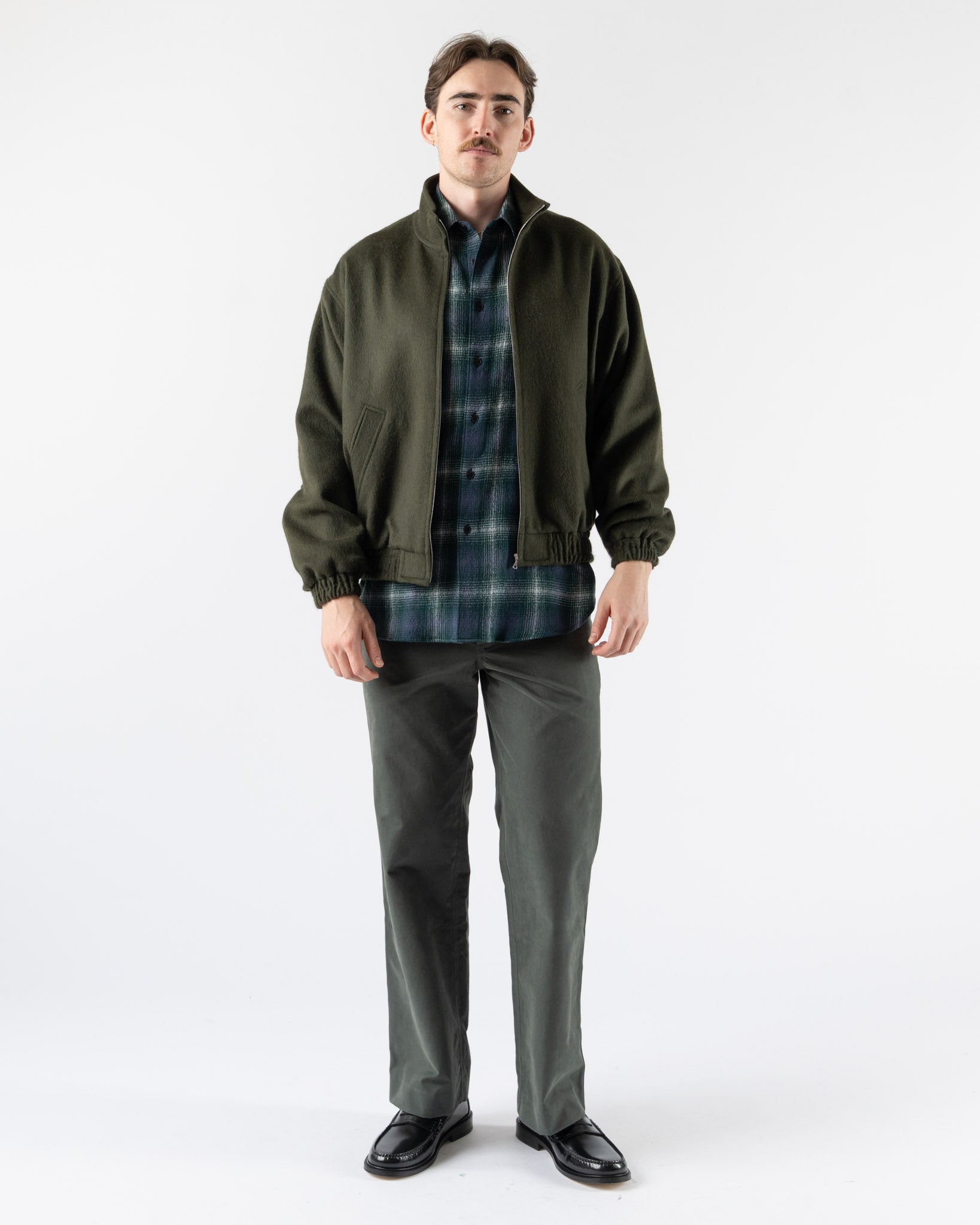 Auralee Baby Camel Flannel Zip Blouson in Dark Olive