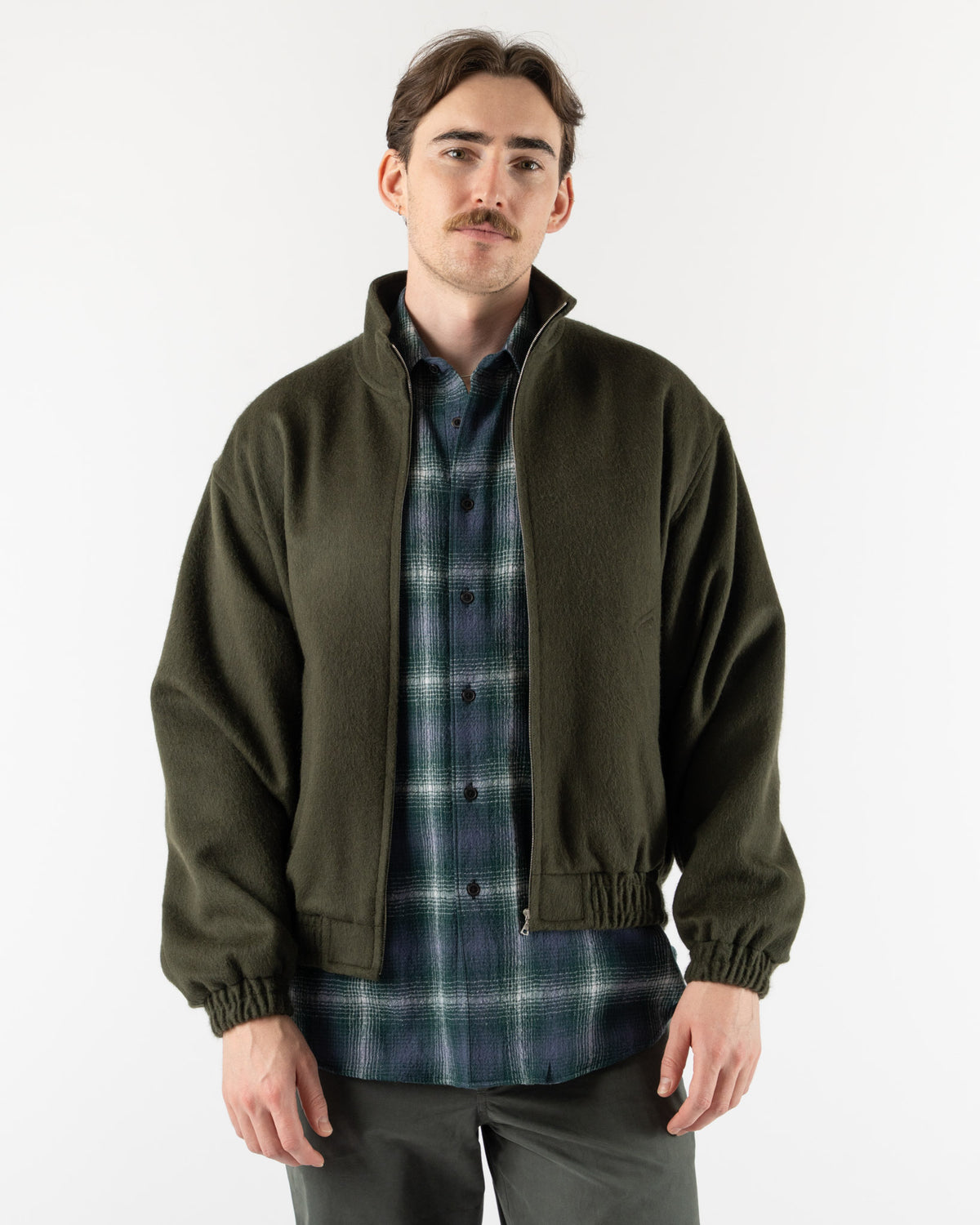 Auralee Baby Camel Flannel Zip Blouson in Dark Olive Curated at 