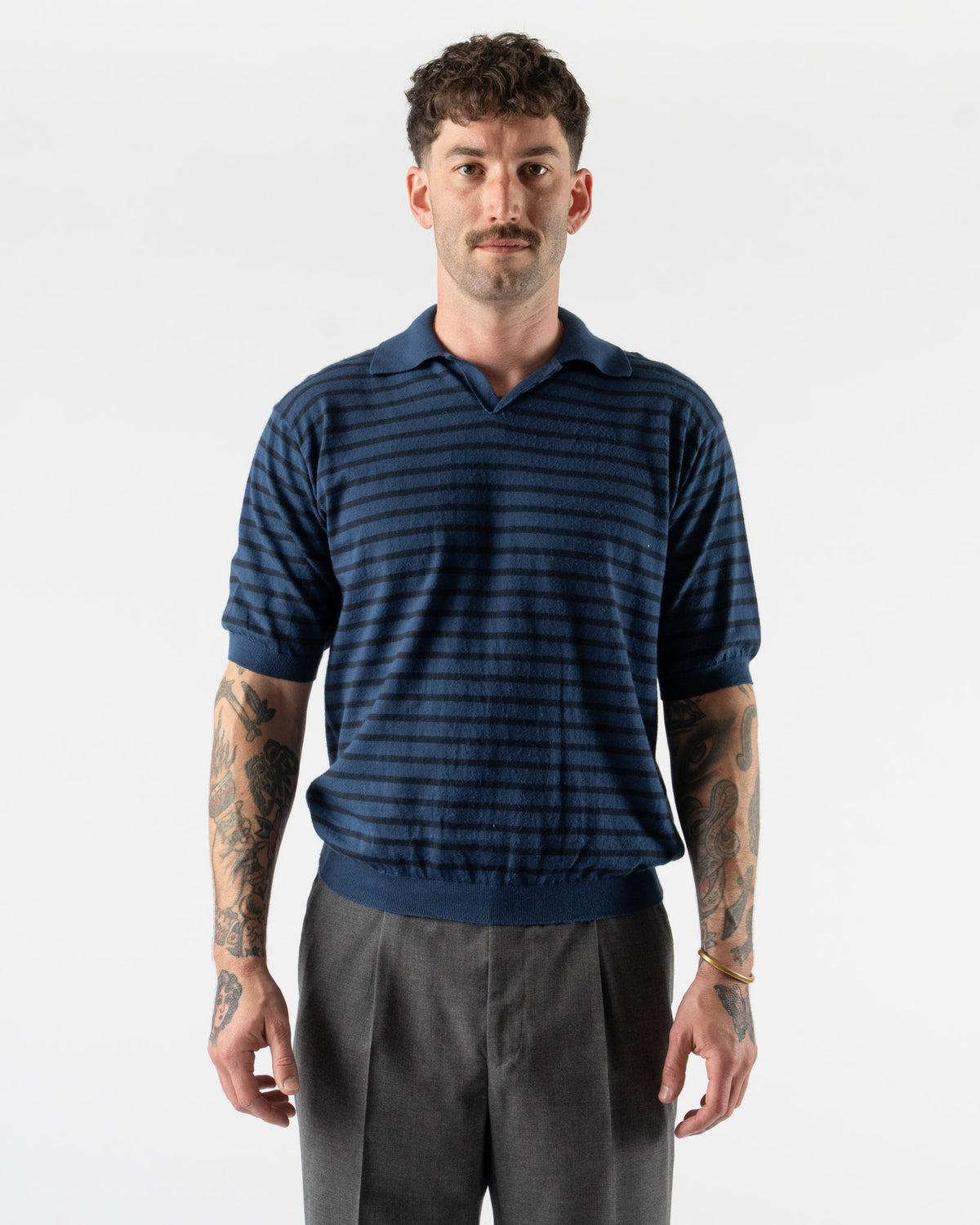 Auralee High Gauge Cotton Knit Skipper Polo in Blue Navy Stripe 