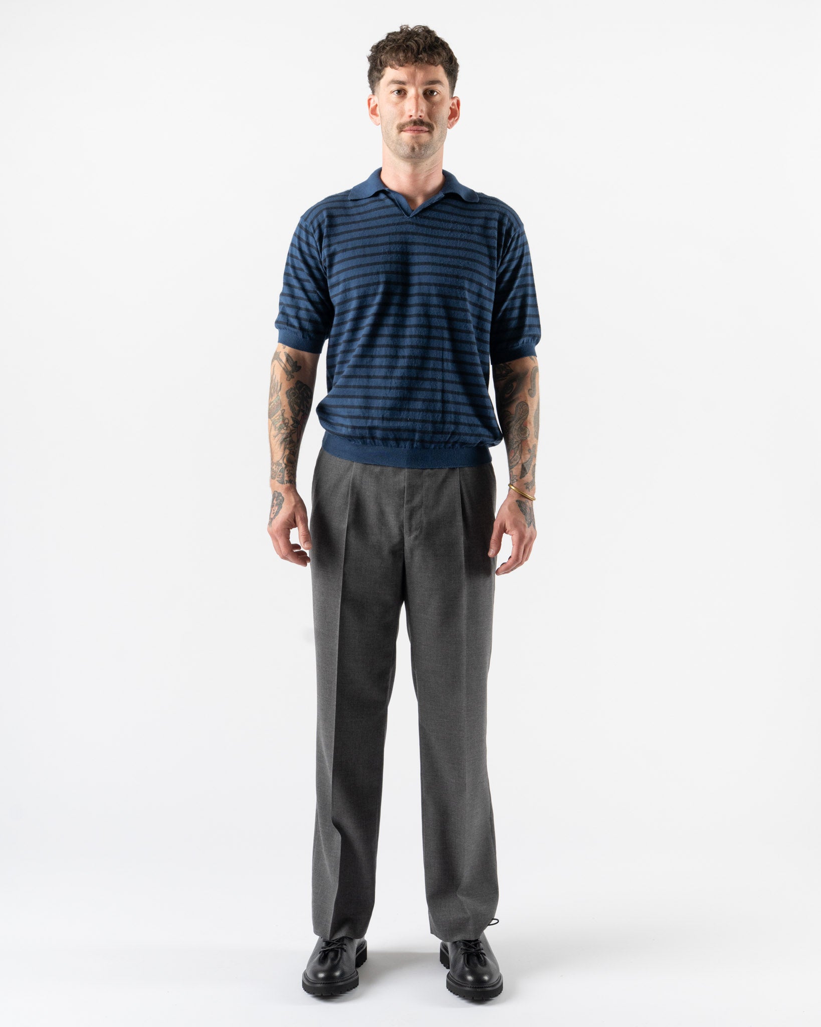 Auralee High Gauge Cotton Knit Skipper Polo in Blue Navy Stripe