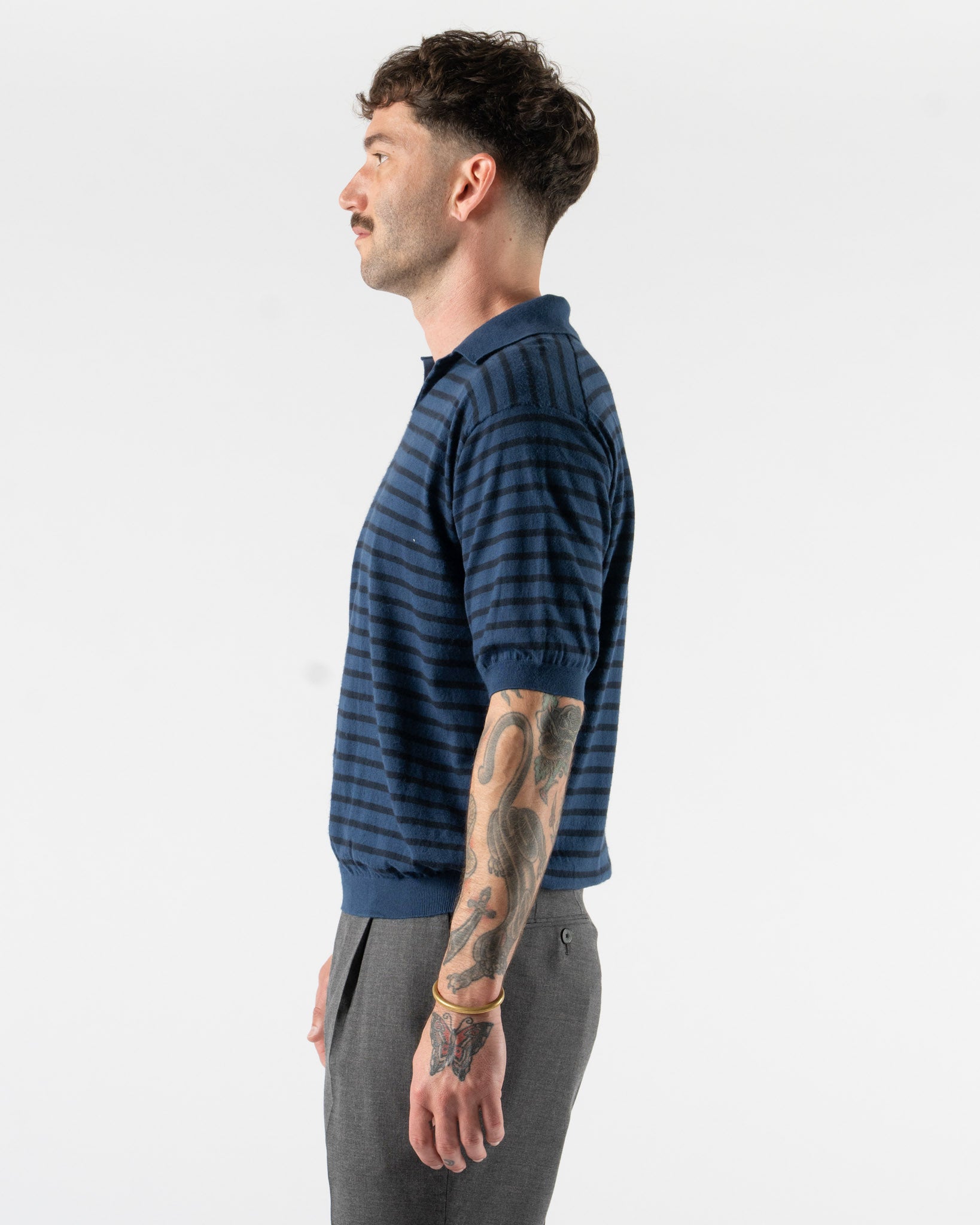 Auralee High Gauge Cotton Knit Skipper Polo in Blue Navy Stripe