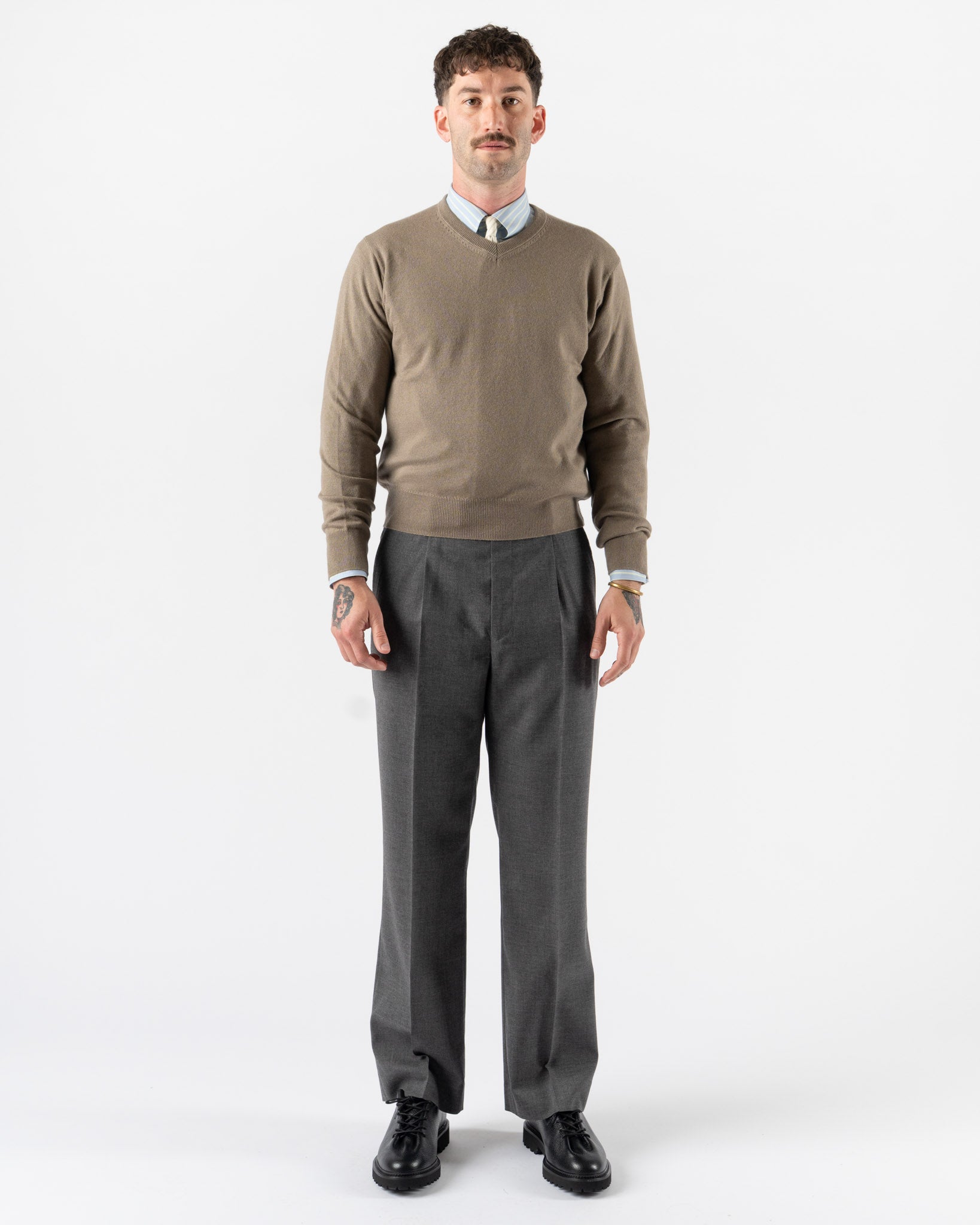 Auralee Super Fine Cashmere Silk Knit V-Neck P/O in Khaki Brown