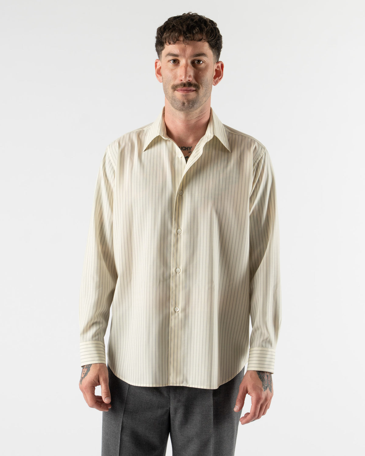 Auralee Super Fine Wool Stripe Shirt in Ivory Curated at Jake and 