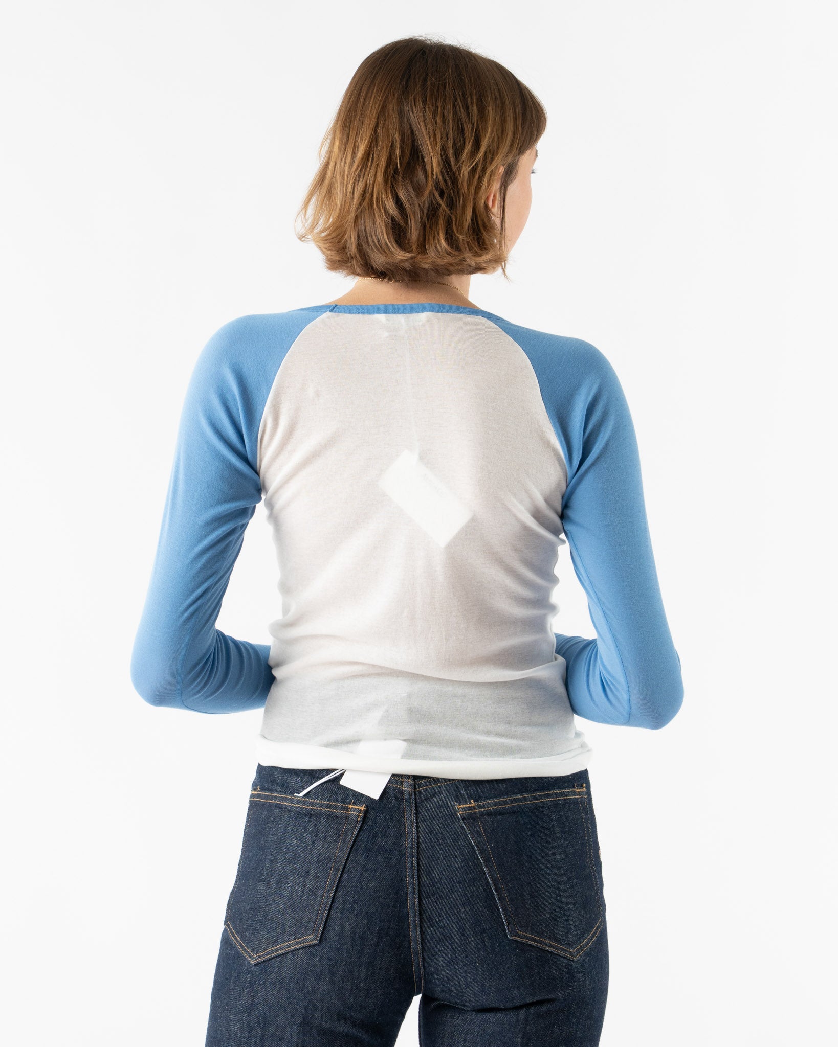 Auralee Super High Gauge Sheer Rib Raglan Pullover in White x Blue