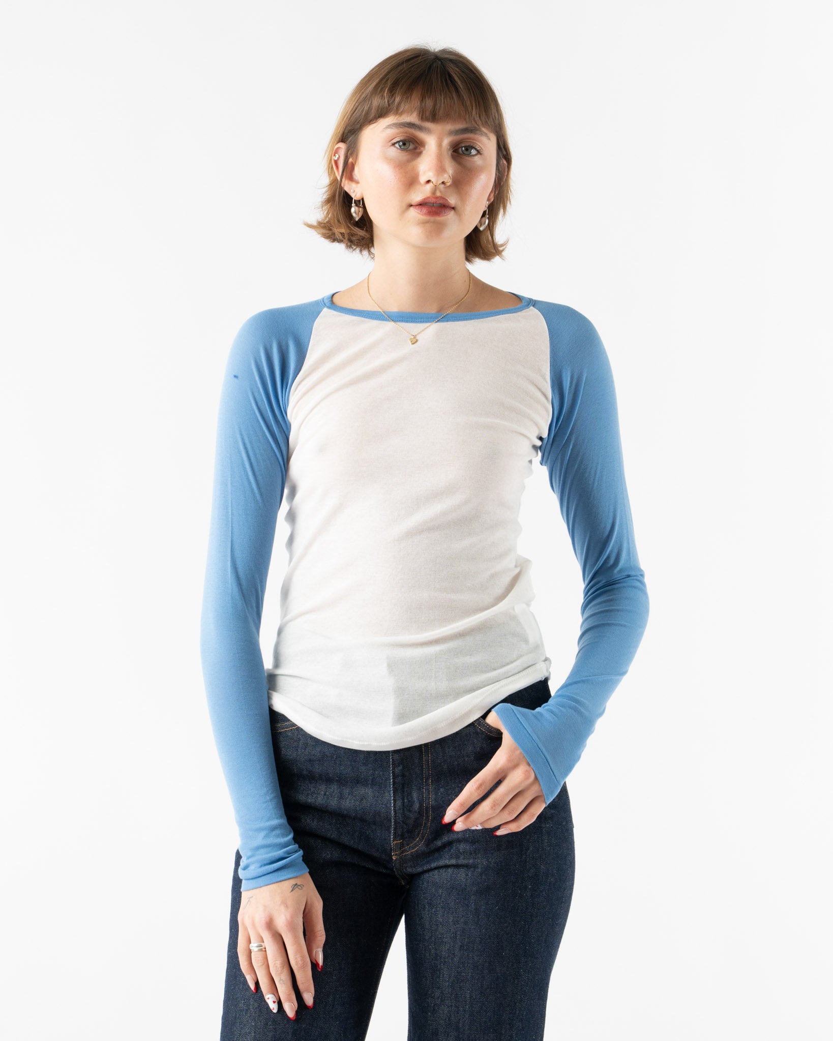Auralee Super High Gauge Sheer Rib Raglan Pullover in White x Blue
