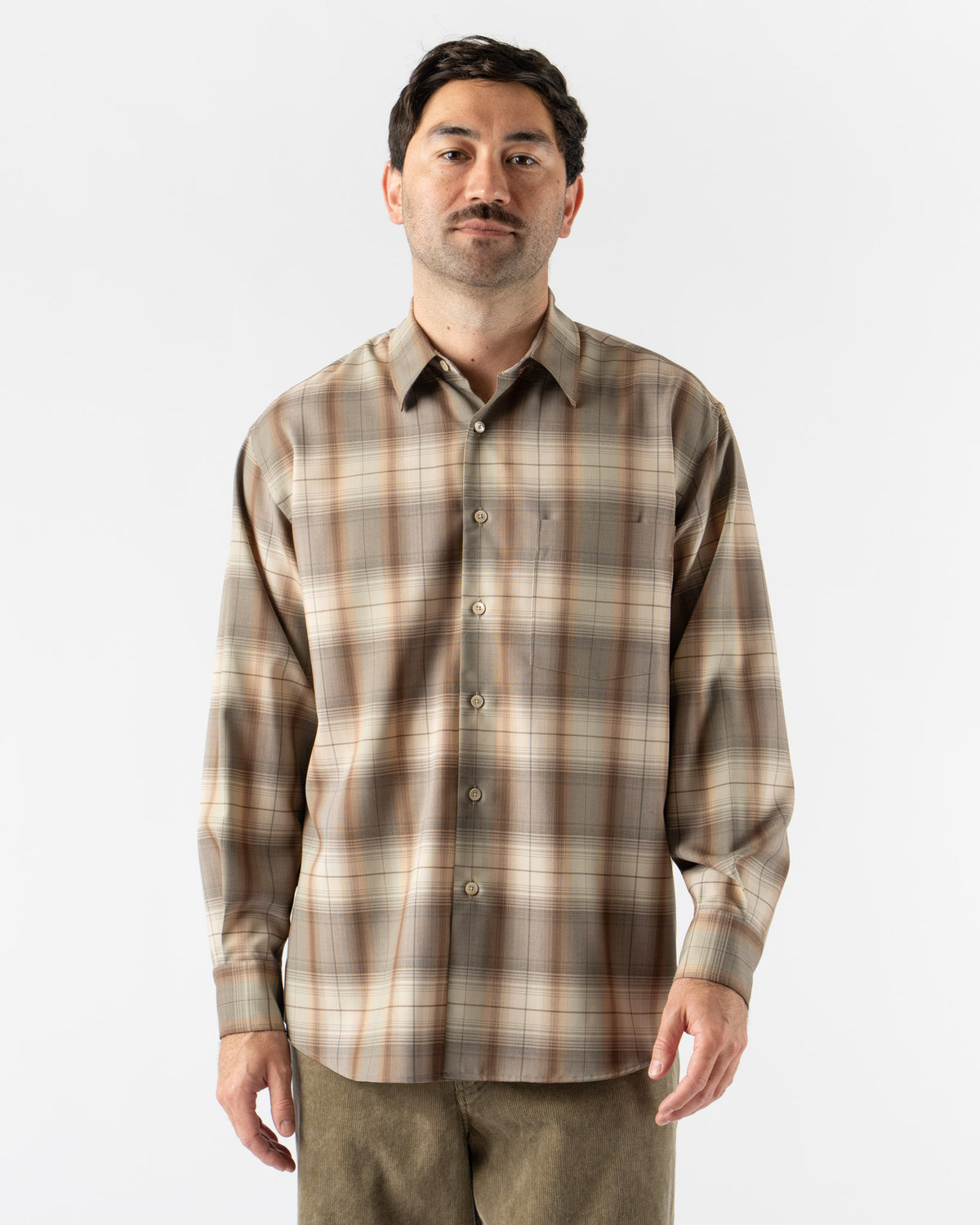 Auralee Super Light Wool Check Shirt in Gray Brown Check Curated 